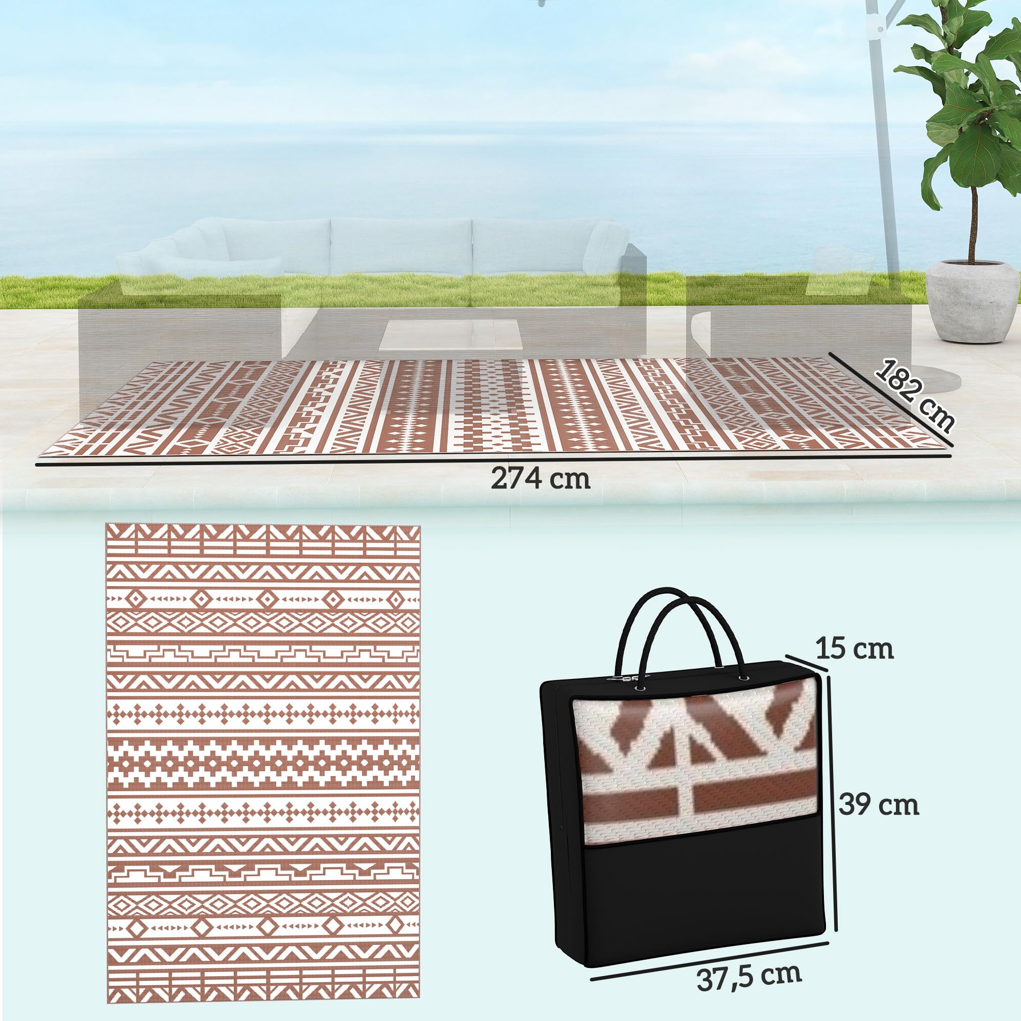Outsunny Tapis d'extérieur réversible 1,8 x 2,7 m, Tapis de Sol au Motif Mur géométrique en PP, Sac de Transport Inclus, résistant aux intempéries, Rouge et Blanc