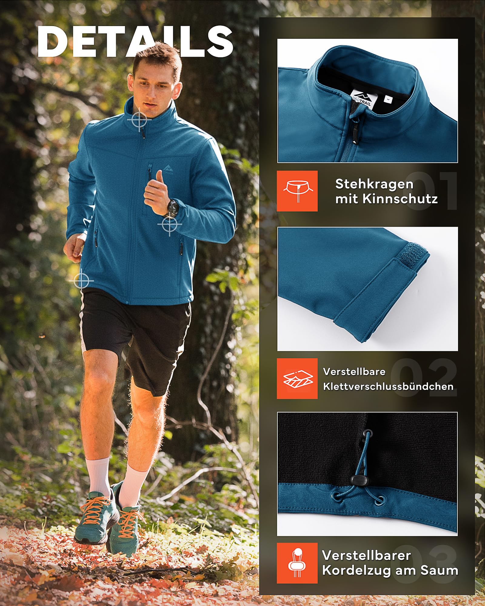 Herren Softshelljacke Wasserdichte Übergangsjacke Winddichte Outdoorjacke Atmungsaktive Funktionsjacke Microfleece-Innenseite für Freizeit Wandern Radfahren