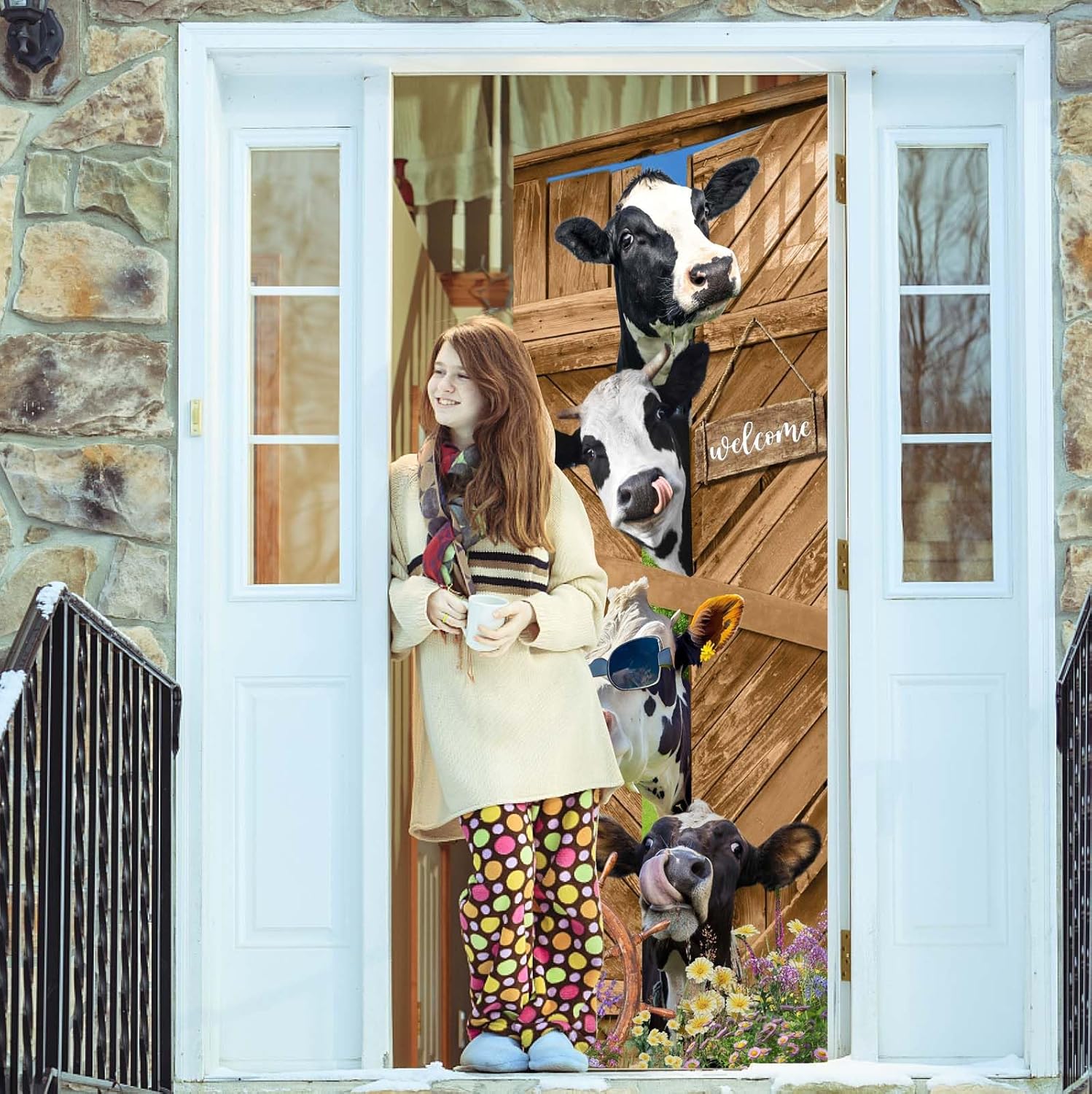 Door Stickers Decals Peel and Stick Removable Wallpaper Funny Cow Decals Cow Print Decor Rustic Farm Animal Sticker Cow Art Vinyl Door Decals for Living Room Kitchen Home Farmhouse Decor,30.3" x 78.7"