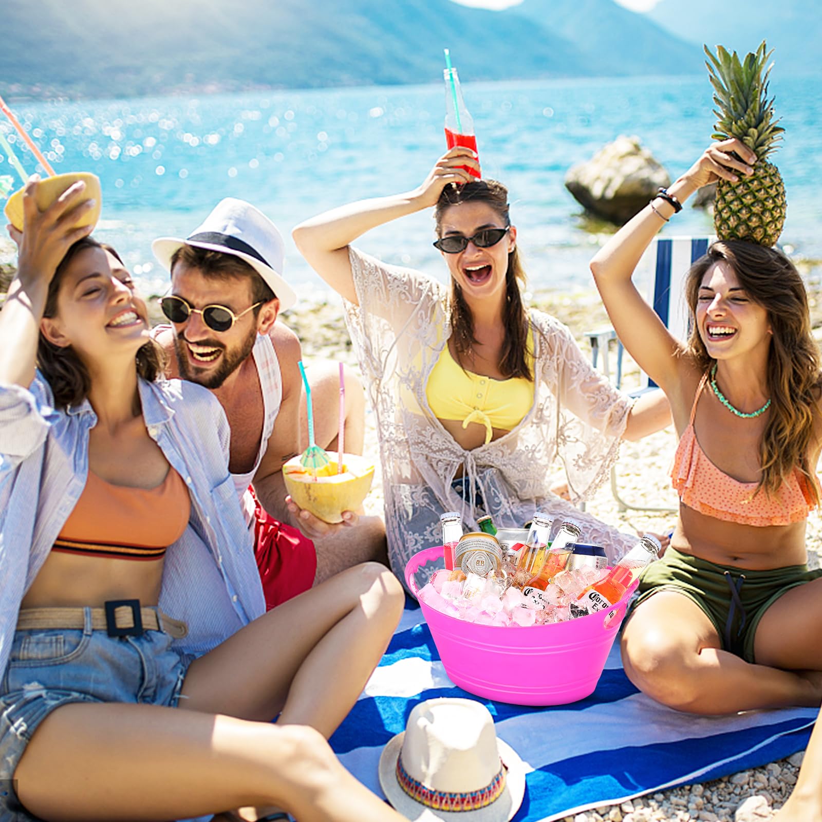 8Pcs Ice Bucket, Plastic Beverage Buckets for Parties, Champagne Buckets with Handles, Oval Storage Plastic Tub for Wine Beer Bottles, 4.3Liter (set-2)