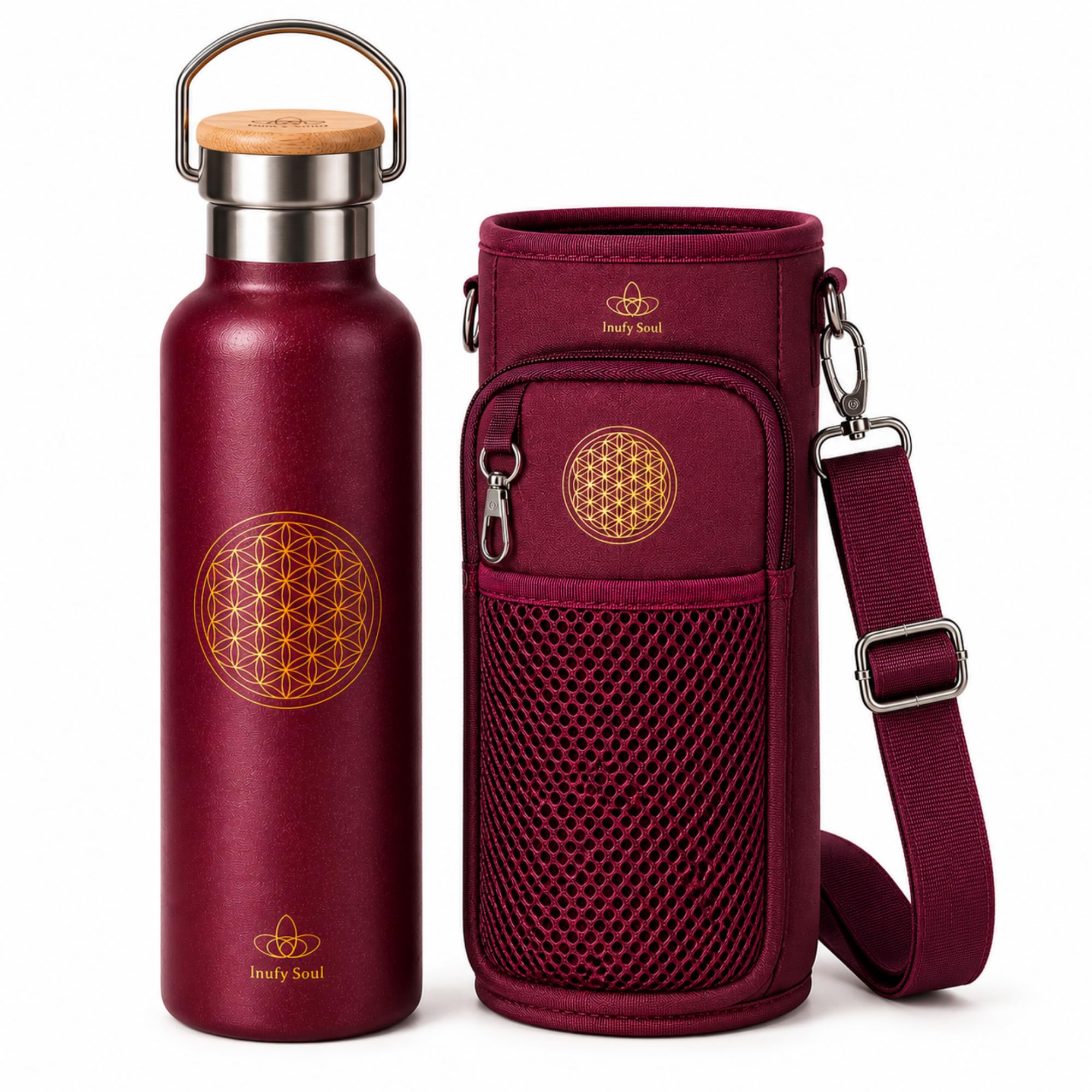Thermosflasche 750 ml mit Blume des Lebens, Trinkflasche Edelstahl BPA-frei, Isolierflasche mit Neoprentasche für Camping, Outdoor, Sport, Büro, Yoga Geschenke für Frauen