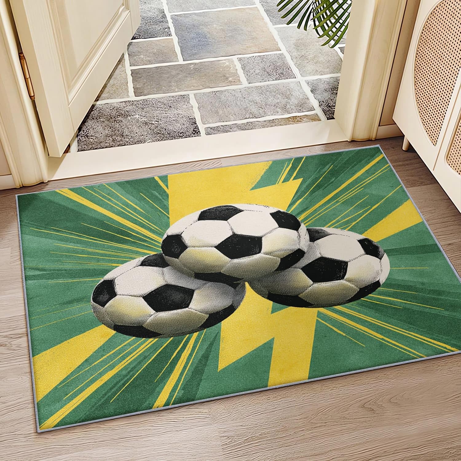 Genérico Flanelowe antypoślizgowe dywaniki do pokoju 80 x 150 cm zielony miękki nieblaknący dywan, motyw sportowy piłka nożna dywaniki do wnętrz do salonu, sypialni, jadalni