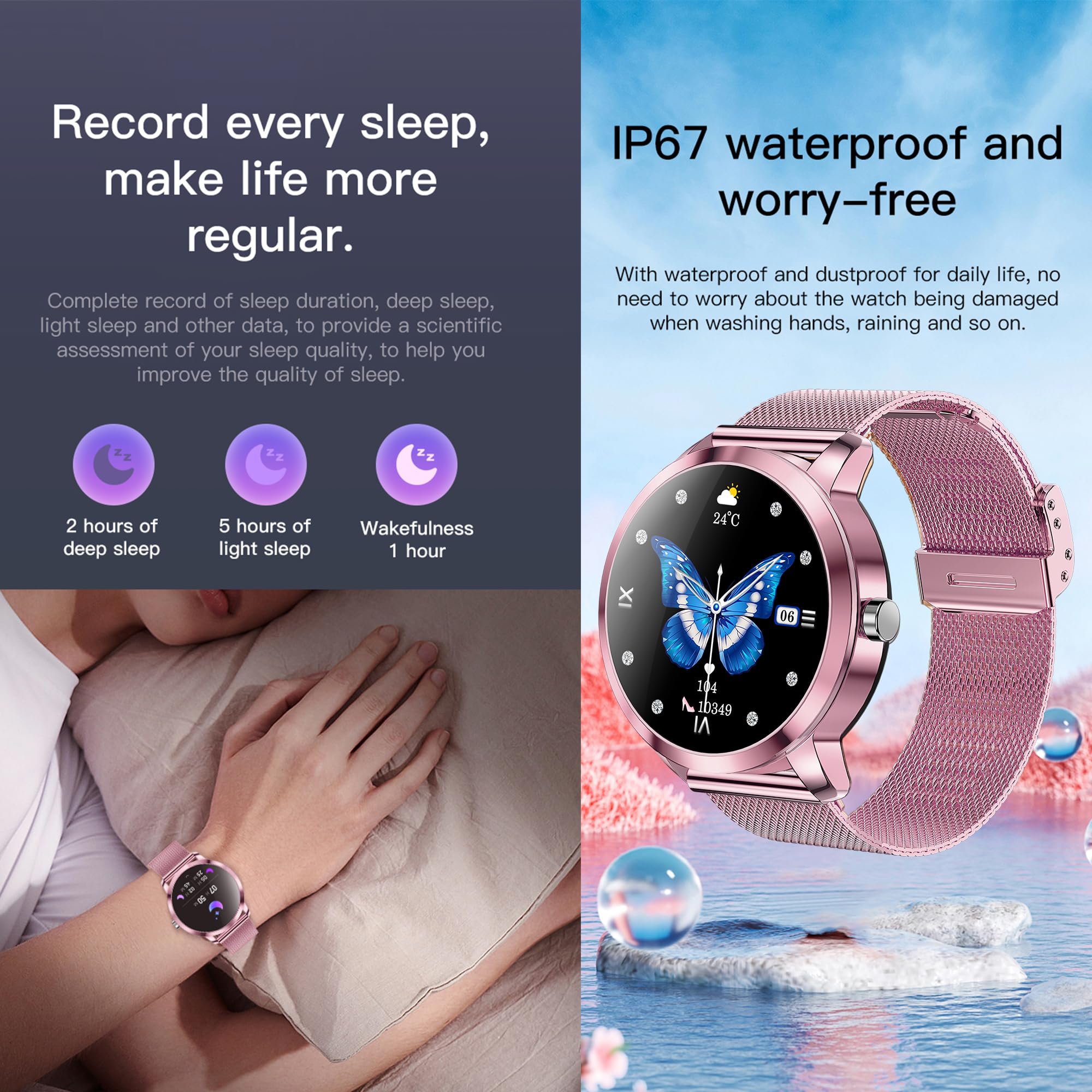 1,09" Smartwatch Donna Chiamate e Risposta Bluetooth, 3 Bracciali, 123 Sport Smartwatch Cardiofrequenzimetro Pressione Sanguigna Monitoraggio del Sonno Orologio Fitness per Android iOS (Rosa)