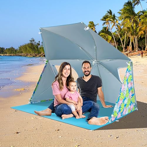 Miniatura 8 de GYMAX Tienda de campaña para sombrilla de playa, 2 en 1, UPF50+, con bolsa de transporte, hoja de tierra, paneles laterales, refugio solar para