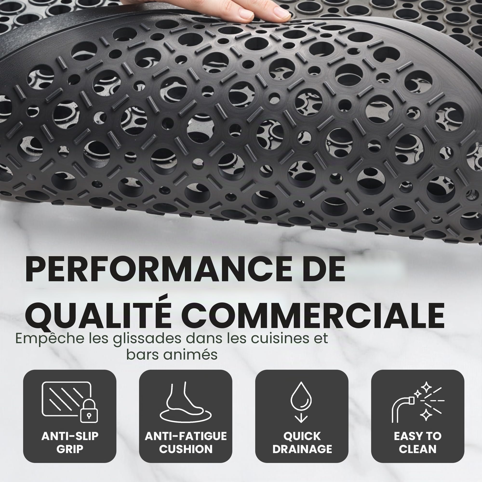 Tapis de sol en caoutchouc anti-fatigue – 12 mm d'épaisseur, 150 x 90 cm – Tapis de drainage antidérapant pour cuisine, garage, atelier ou usage commercial – Tapis confortable lavable et résistant