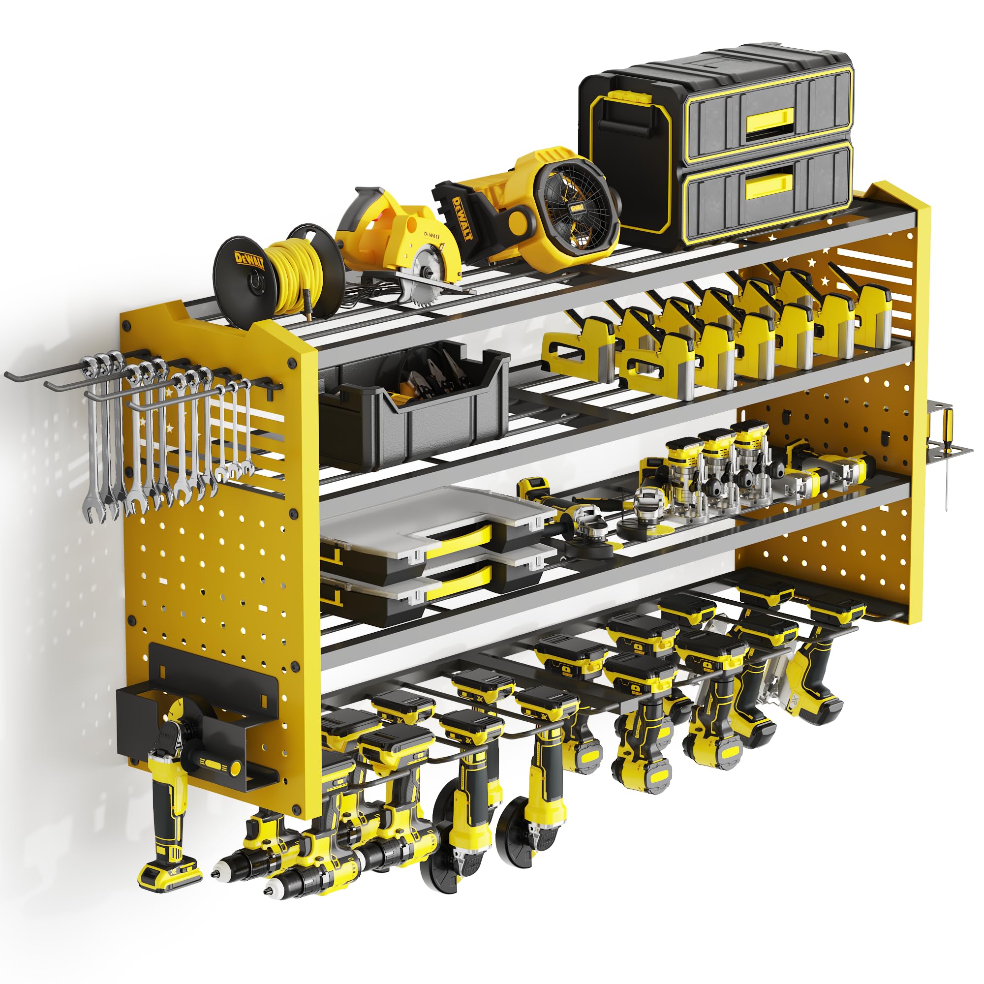 Tomorotec 4 Layers Wall-Mounted Power Tool Storage Rack for Drill, Toolbox & Accessories, Heavy-Duty Steel Organizer with Side Hooks and Adjustable Shelves, Easy Installation Garage (Yellow)