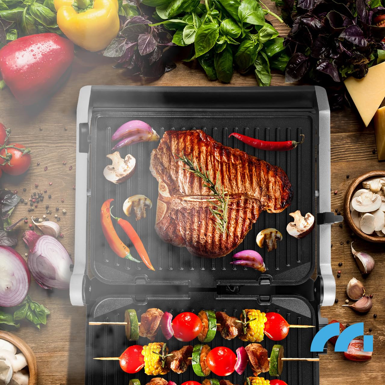 MalTec Grill kontaktowy z tacką na ścinki, SM5000W-PRO grill elektryczny 2500 W, opiekacz do kanapek Panini, 3 stopnie smażenia, 5 programów, zdejmowane płyty