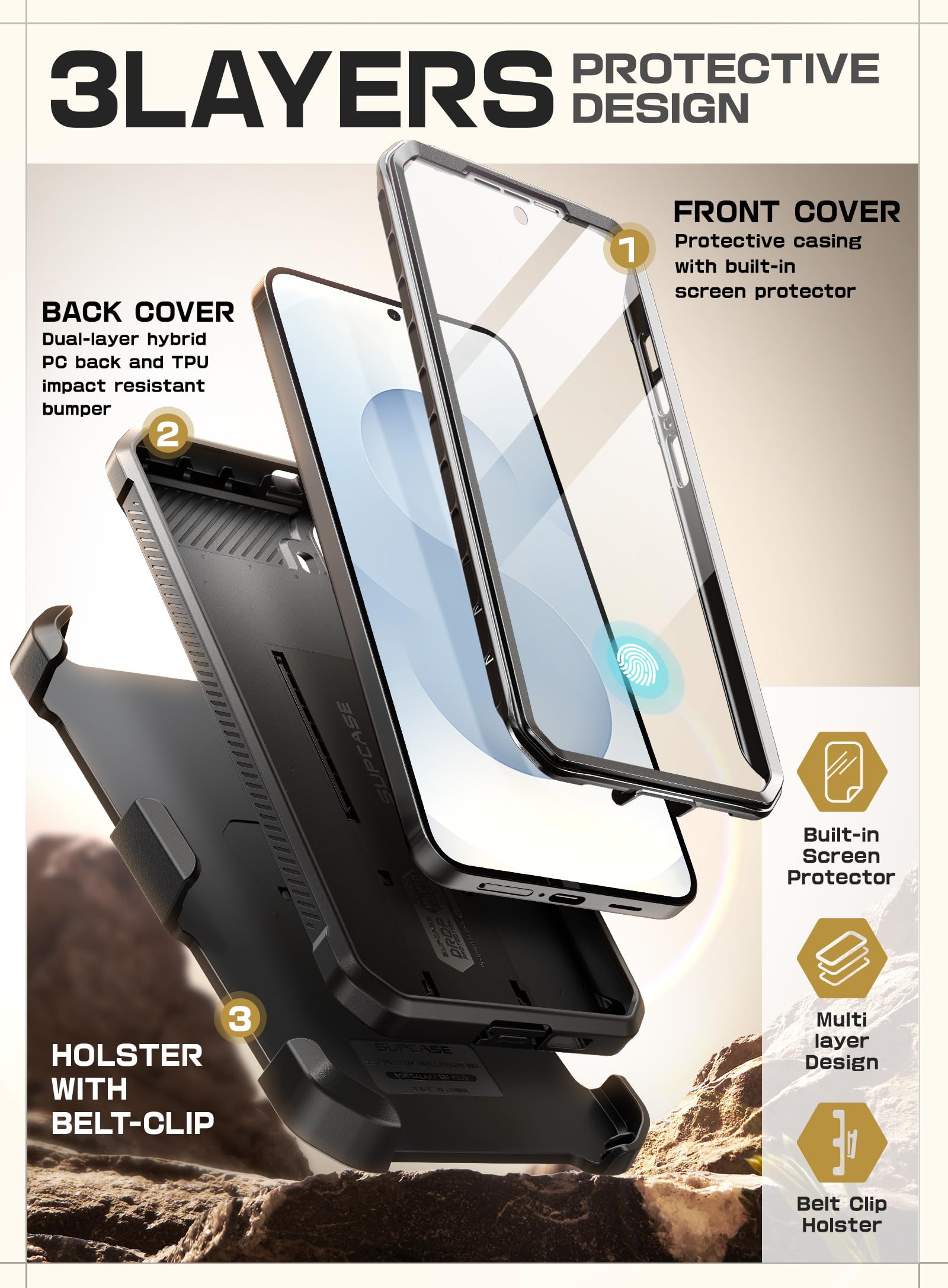 SUPCASE Coque pour Samsung Galaxy S25 avec 2 Protecteurs d’Ecran Avant (sans Film + avec Film) [Protection Robuste Qualité Militaire] avec Support Béquille & Clip Ceinture pour Samsung S25, Noir