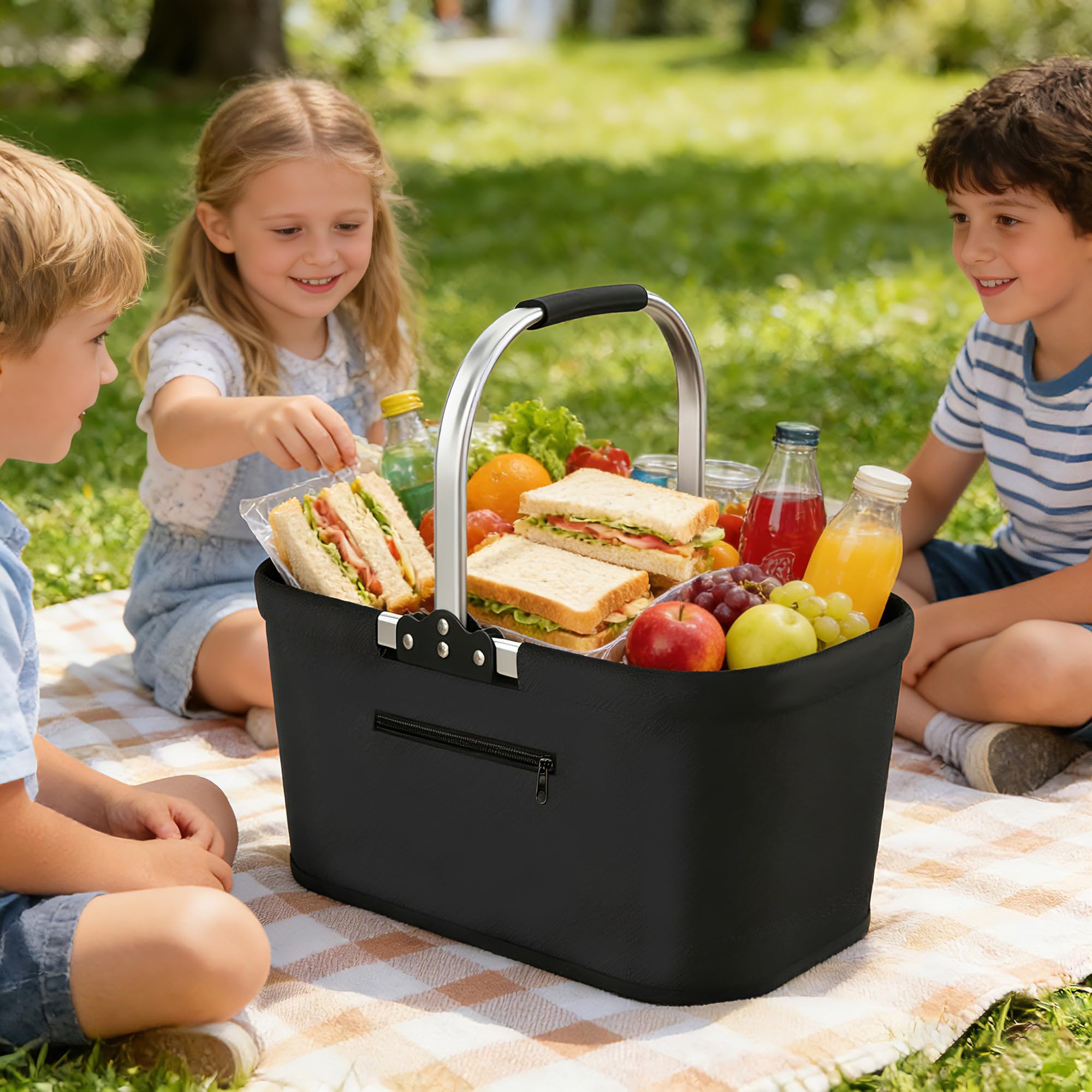 Faltbarer Einkaufskorb 30L Tragekorb Großer Picknickkorb aus 600D Oxford-Stoff, wasserabweisend Einkaufskorb mit Alurahmen gepolsterter Griff, für Unterwegs Familie Reise Camping (Schwarz)