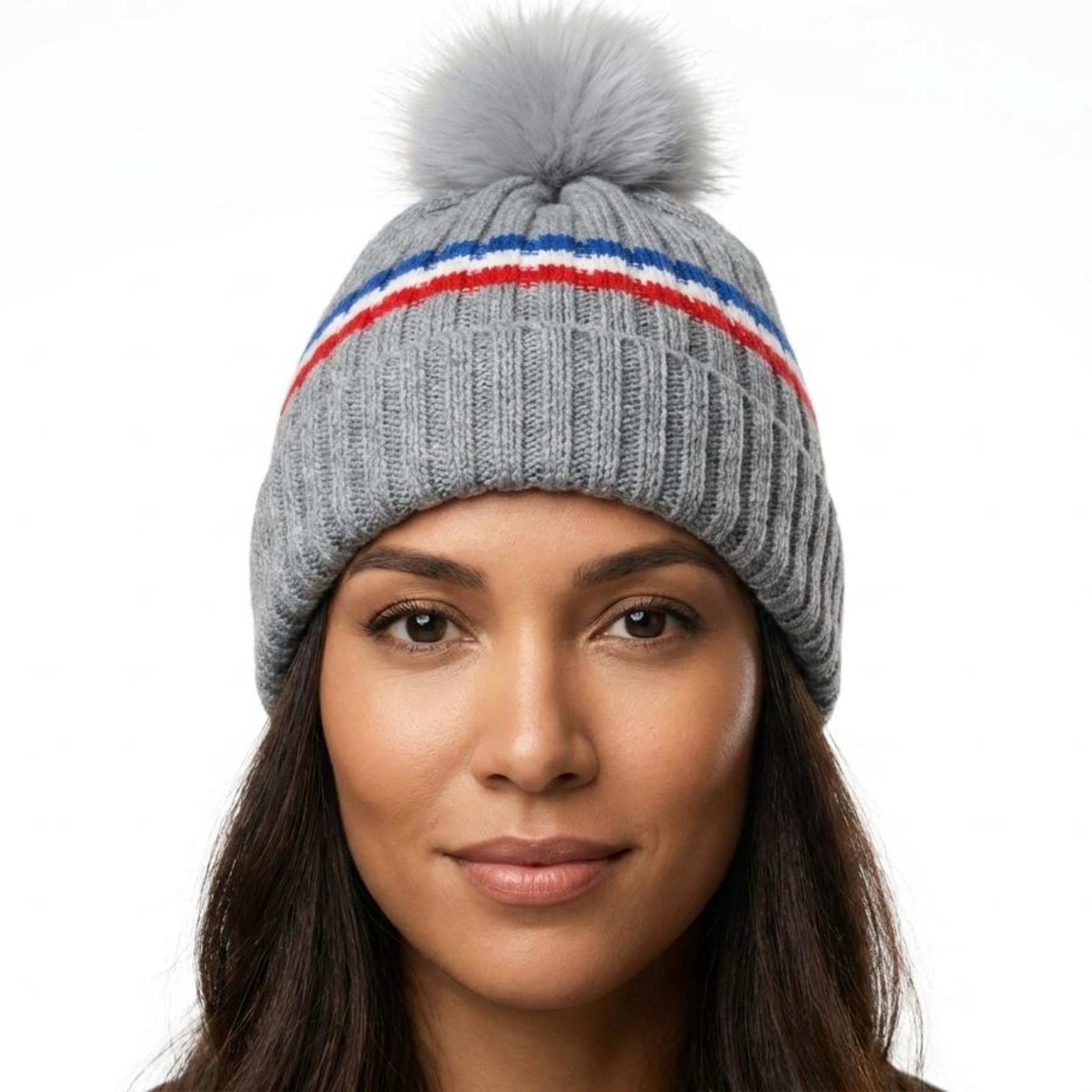 Winter Cap for Women and Girls | Soft Stretch Knit Woolen Beanie with Fluffy Faux Fur Pom-Pom | Striped Warm Ear Warmer Skull Cap for Snowy Weather, Casual Outings & Travel-image-31