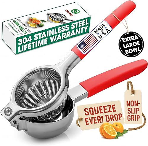 Exprimidor de limón de mano de acero inoxidable, exprimidor de limón, exprimidor de lima con tamaño de tazón grande y asas antideslizantes,