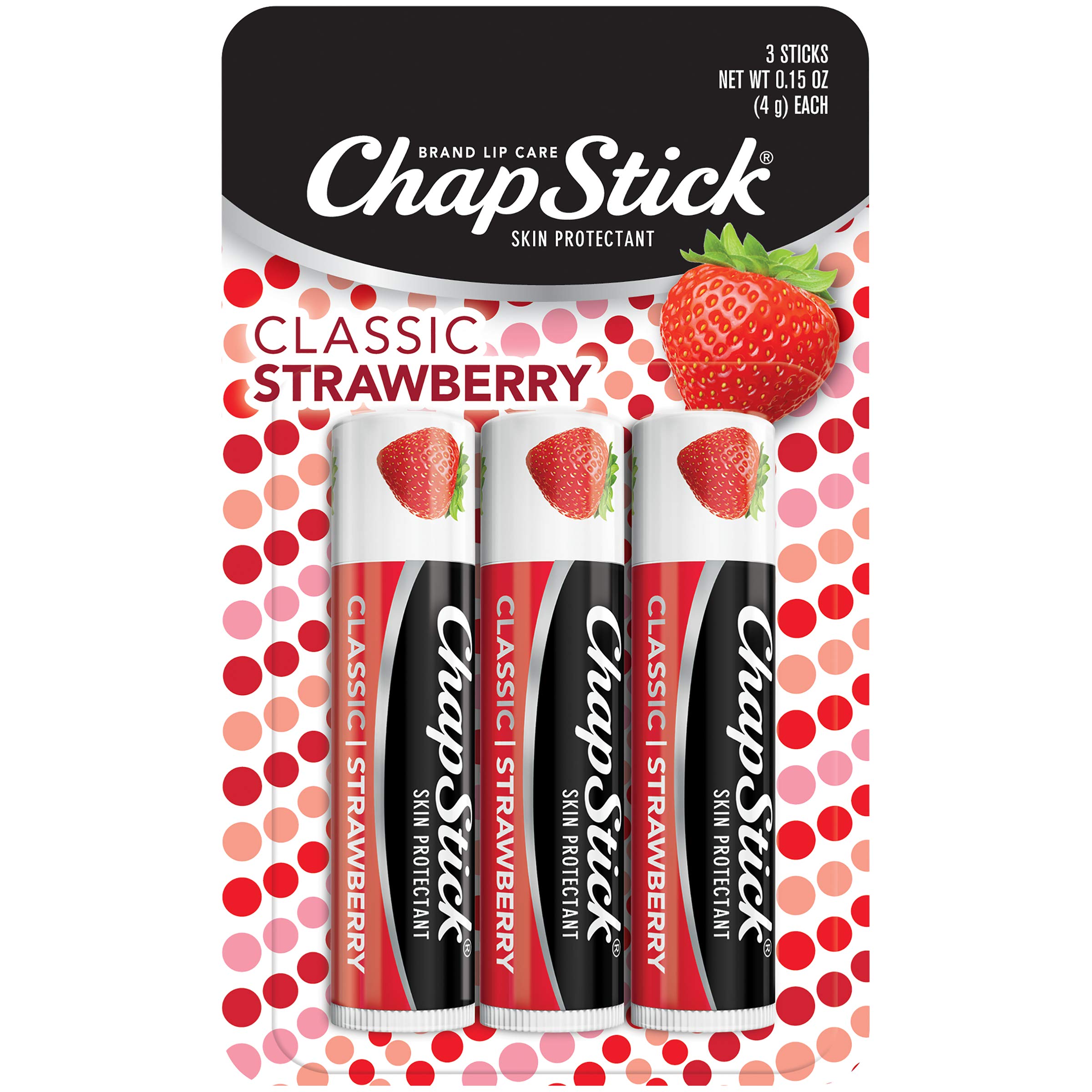 ChapStick Classic 1 Carded Pack of 3 Sticks Strawberry Flavor Skin Protectant Flavored Lip Balm Tube 0 15