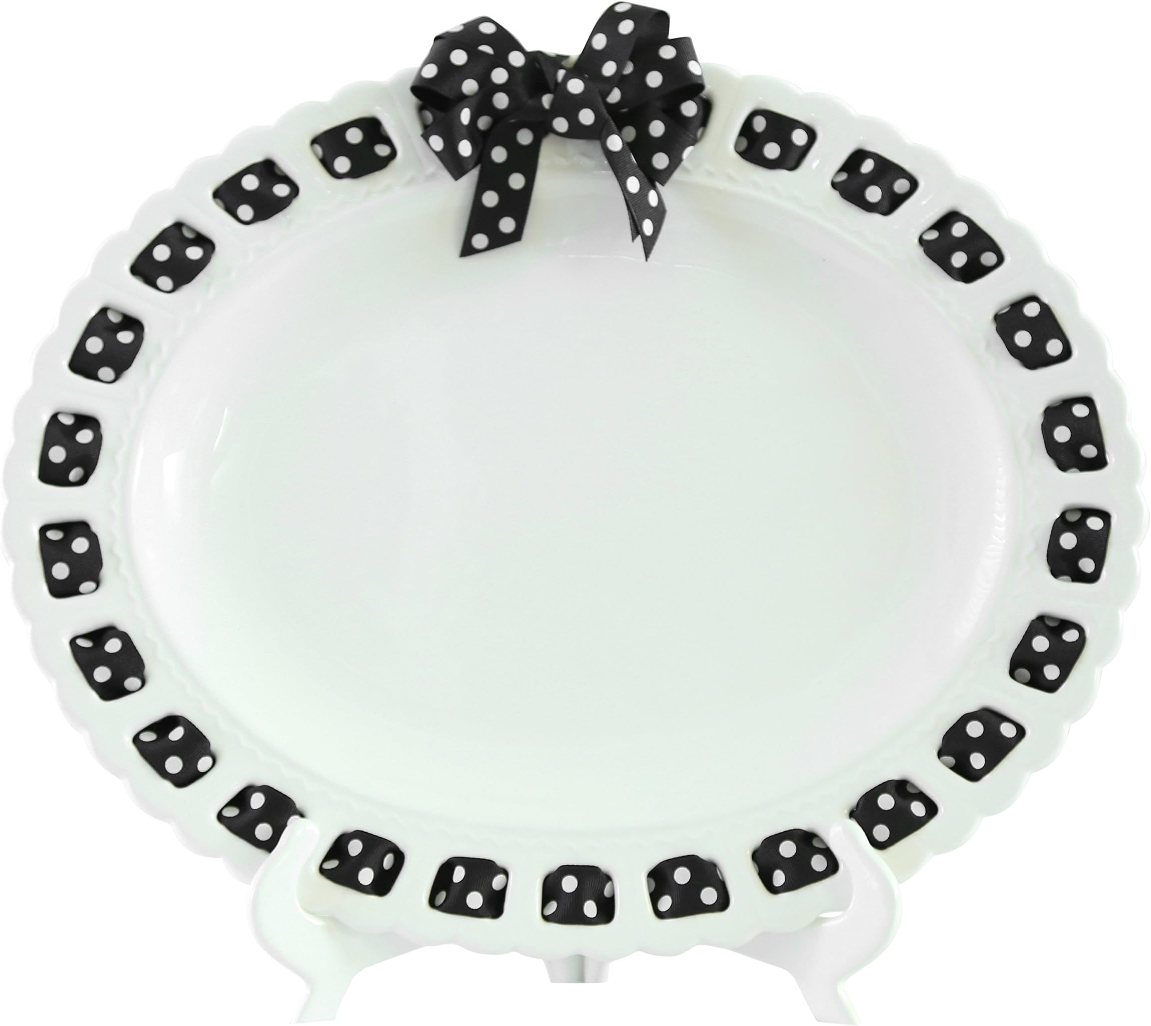 Oval Serving Platter with Black/White Polka Dot Ribbon, 18", White