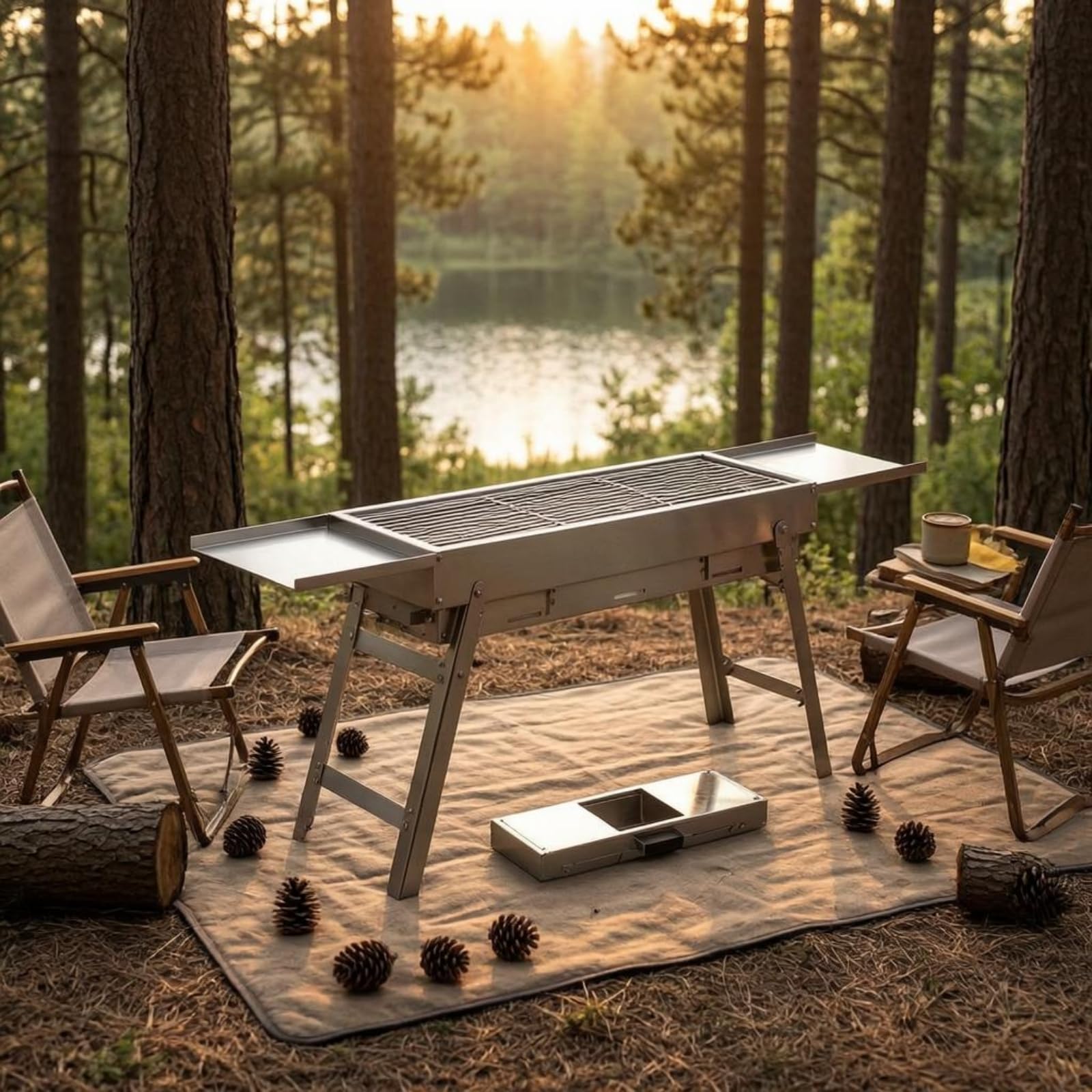 Colcolo Barbecue da Esterno Griglia a Portatile Pieghevole Telaio in Acciaio con Ripiani Laterali Superficie di Cottura Inox 304 Facile da Riporre E, 60cm