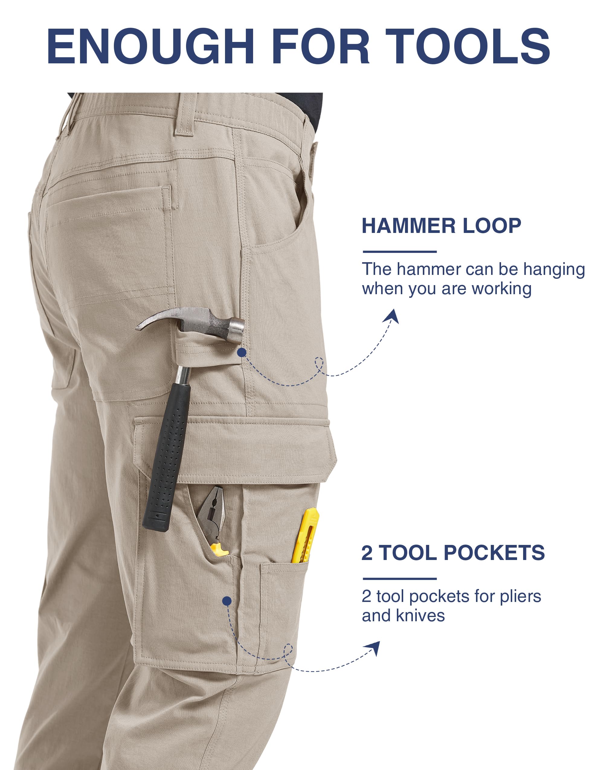 PULI Men's Carpenter Cargo Pants Lightweight Quick Dry Slim Fit Stretch Waterproof Outdoor Trousers Stone 38