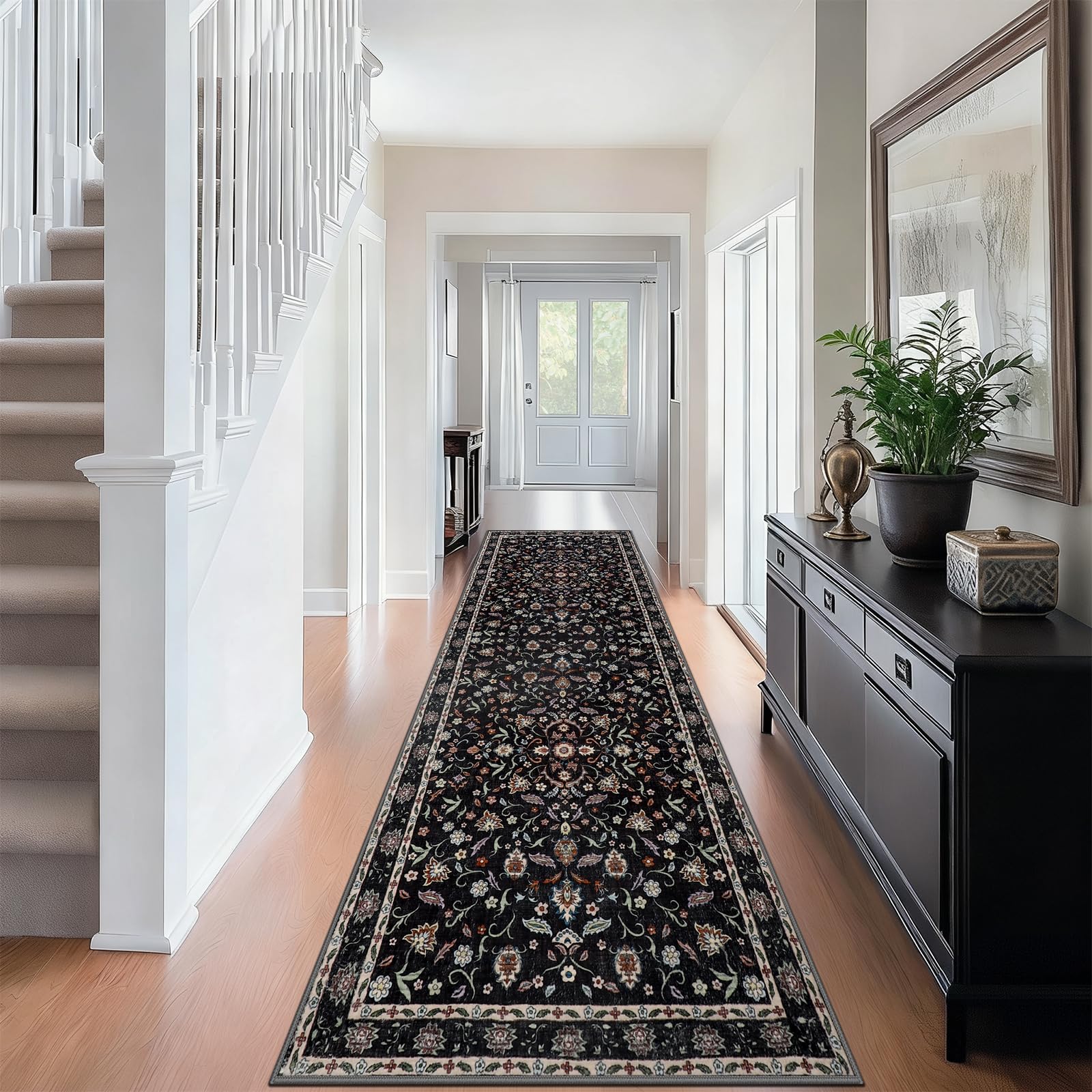 IMIYOKU Hallway Runner Rug Washable Black Floral Carpet Runners for Hallways Non Slip 80x300cm Extra Long Runner Floor Mat for Door Kitchen Laundry Bedroom Living Room Home