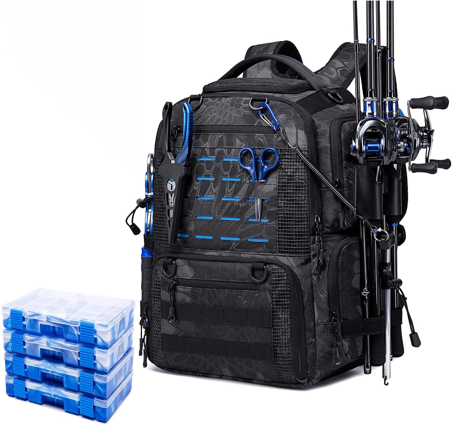 Fishing Tackle Backpack with 2 Rod Holders, Multi-Pocket Tactical Bag with Bottle Holder, 50L Large Storage Bag for Fishing Gear and Equipment, Black