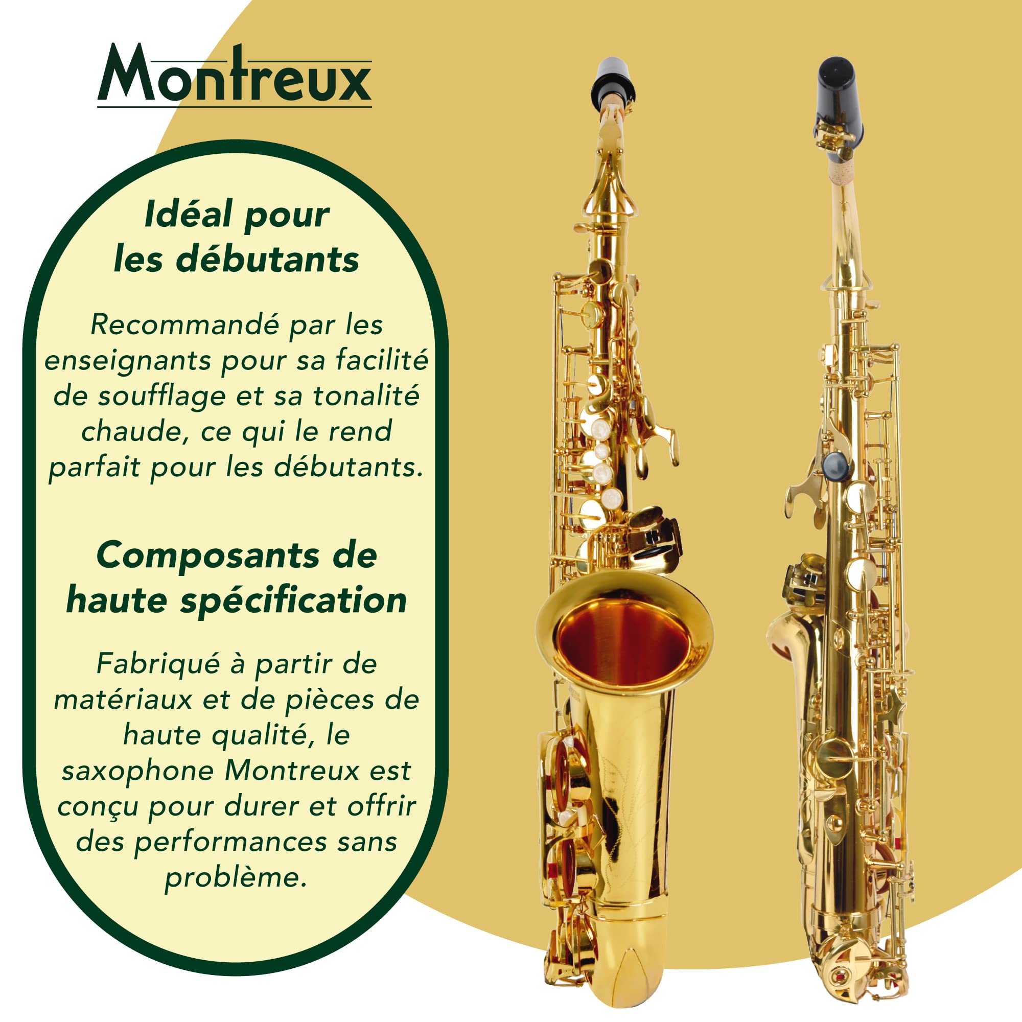 Montreux Student Eb Alto Saxophone pour débutants avec étui de protection léger, embouchure, anche, élingue, protège-pad - Laiton laqué, clé de fa# aigu, mi bémol