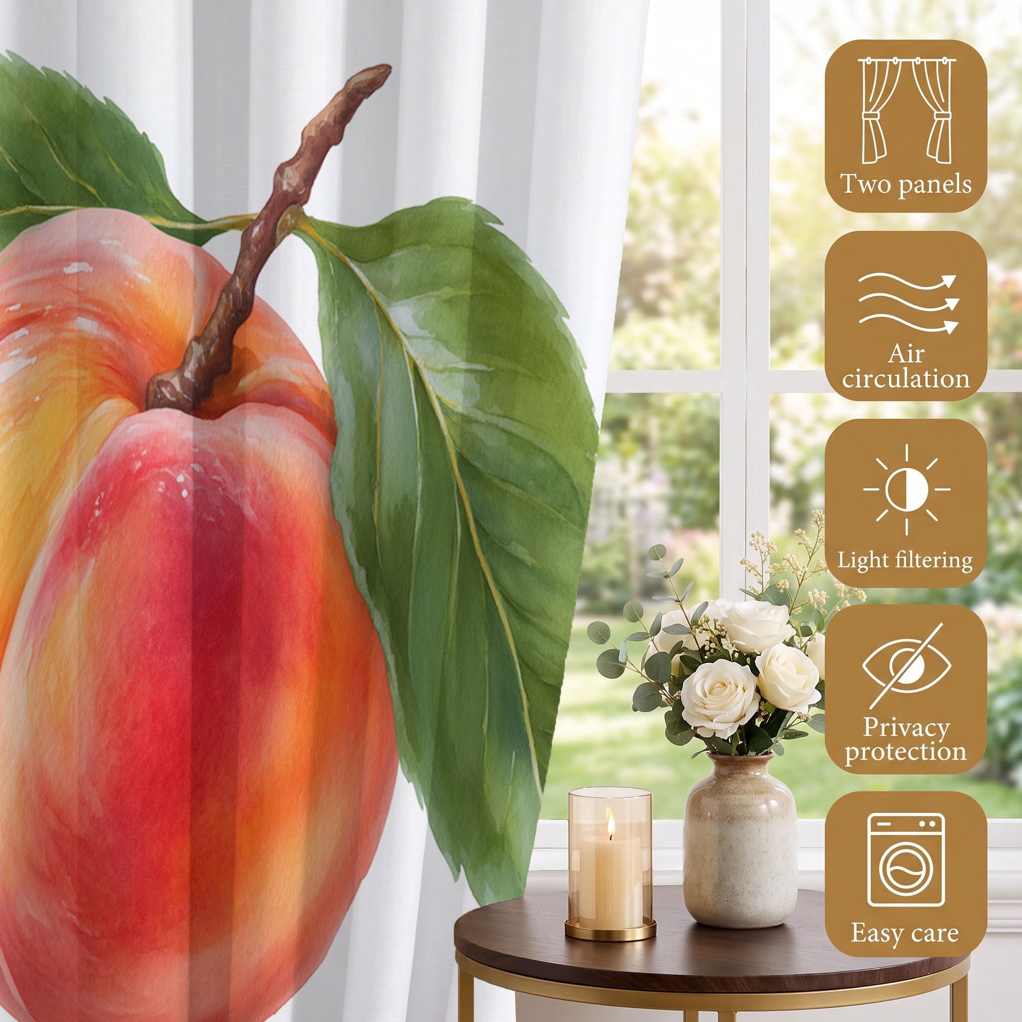 Einfaches Obst Verdunkelungsvorhänge Mit Ösen | Orangerot Realistische Nektarinen Vorhänge Blickdichte Für Wohnzimmer Schlafzimmer, Sichtschutz H214 X B91.5 cm (2Er Pack)