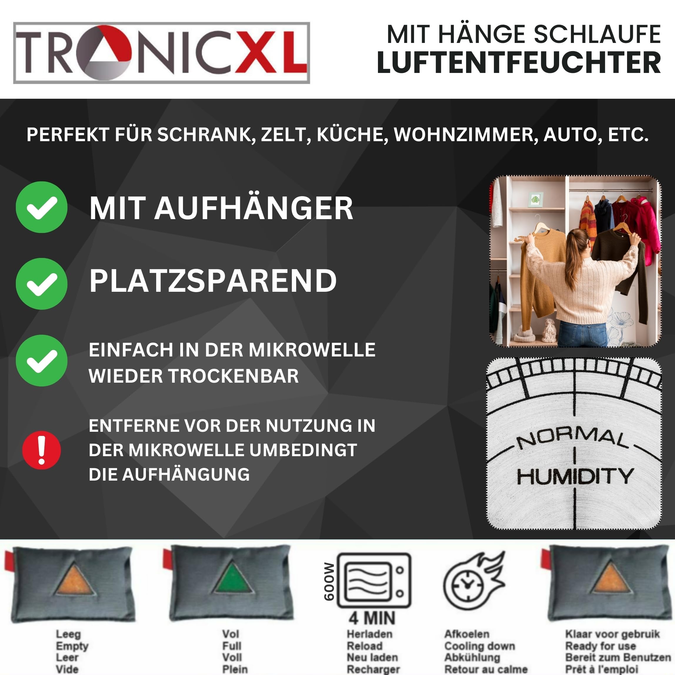 TronicXL 4 cuscini deumidificatori riutilizzabili, da appendere, portatili, per armadio, campeggio, armadio, cucina, casa, granulato, accessori per deumidificatore