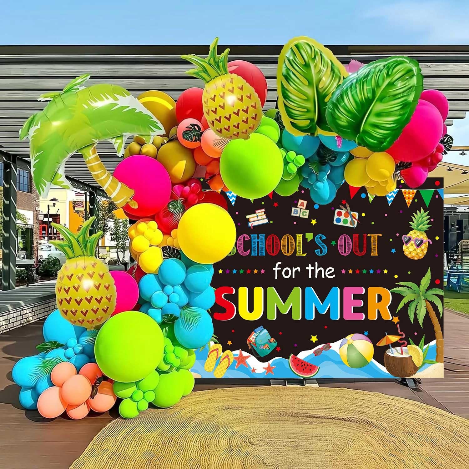 Toile de fond pour l'école - Décoration de fête de fin d'école - Fond de plage pour enfants - Vacances d'été - Décorations de fête - Bannière de décoration de table de gâteau (2,4 x 1,8 m)