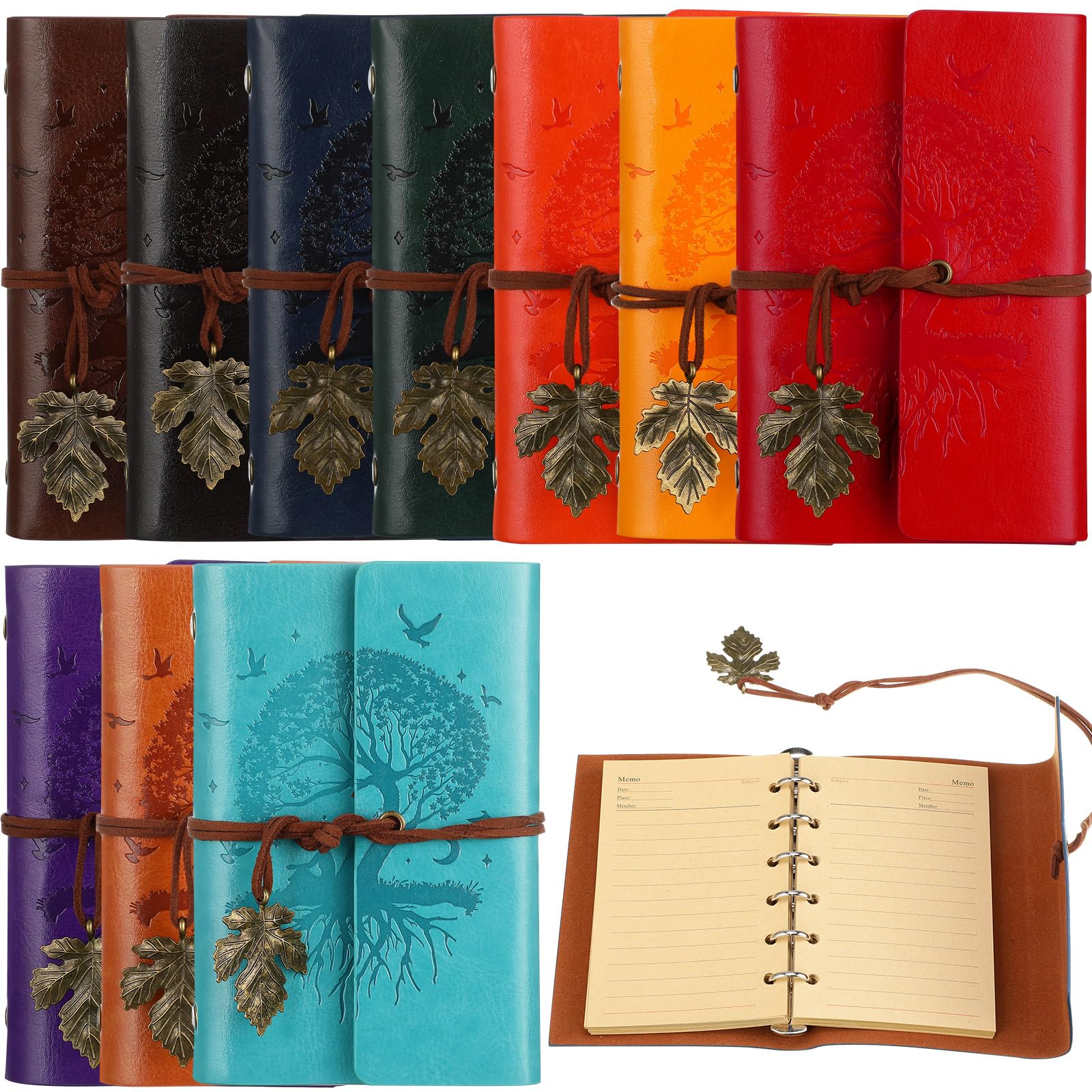 10 Pack PU Leather Journals - Vintage Tree Design Refillable Notebooks A7 Size
