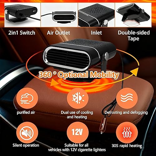 Miniatura 6 de Calentador de coche de 12 V 150 W - Ventilador de calefacción y refrigeración 2 en 1, descongelador y desempañador, giratorio de 360, calentador de