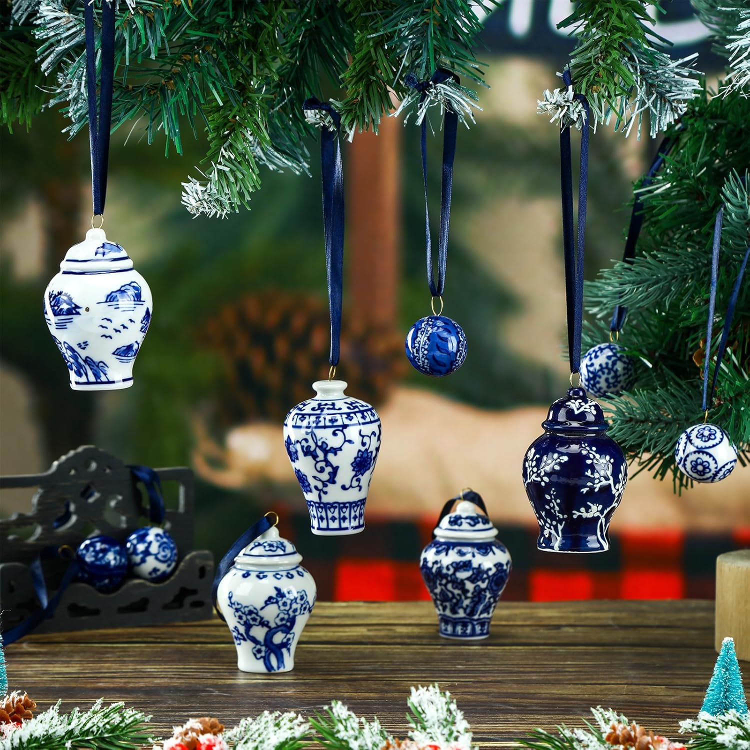Hoolerry 12 Pcs White and Blue Ginger Jar Christmas Chinoiserie Hanging Ornaments Mini Blue Ornaments Ball Decor Christmas Ceramic Chinoiserie Bulk for Xmas Tree Decoration