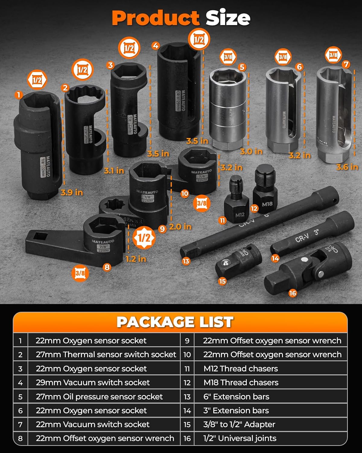 Oxygen Sensor Socket Set, 16PC O2 Sensor Socket Removal Tool and Thread Chaser Set w/ 1/2" Swivel Adapter & 3"/6" Extensions, 22/27/29mm 7/8" 1-1/16" Sockets for Tight Engine Spaces
