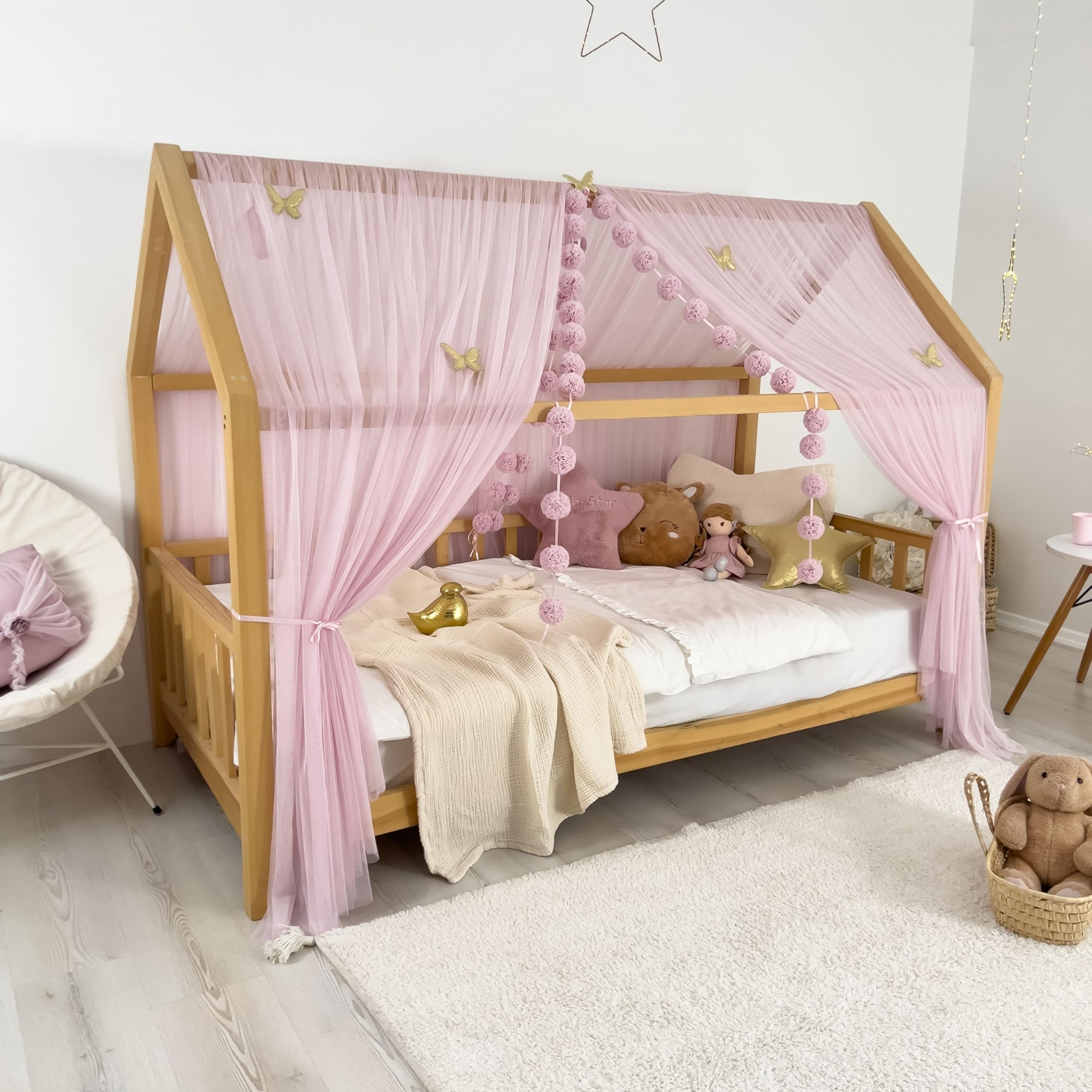 Tenda a baldacchino per letto della cameretta dei bambini, decorazione per letto montessori, tenda da gioco in morbido tulle per i più piccoli (Baby lilla, 460 cm, set da 3)