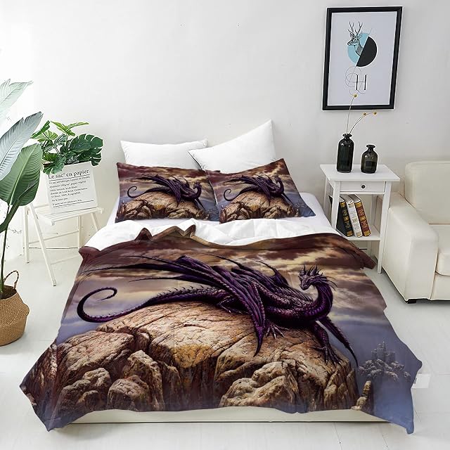 ANHOPE Dragon Duvet Cover Set Soft Comforter Cover Set with Ancient Animal Dragon Print Pattern 3 Piece Bedding Set with Pillowcase All Season Decor Quilt Cover with Zipper for Kids Adults Single Size