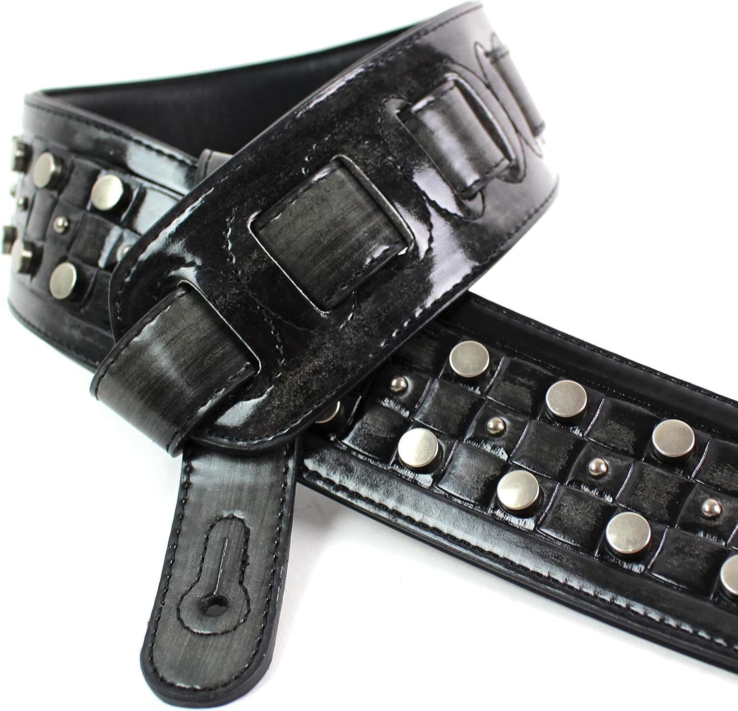 Walker & Williams DLX-215 Antiqued Black Finish Padded Guitar Strap with Metal Studs For Acoustic, Electric, And Bass Guitars