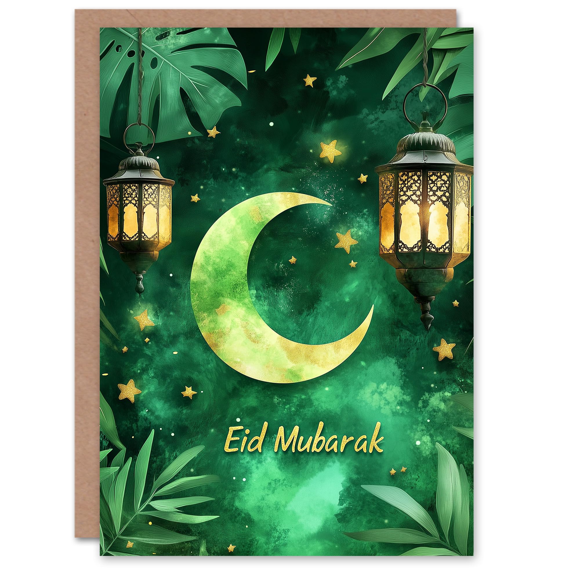 Artery8 Eid Mubarak Greeting Card Crescent Moon Lanterns Green Blank For Him Or Her Art Eid al-Fitr Card