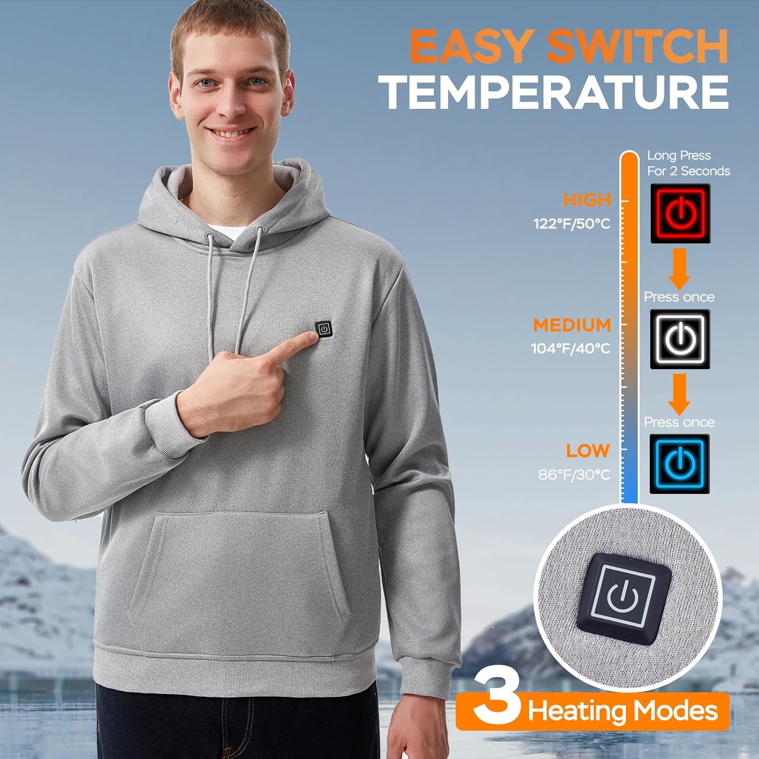 Heated Hoodie for Men, Electric Heating Sweatshirt with Fleece Lining, Winter Thermal Pullover Sweater - Image 3