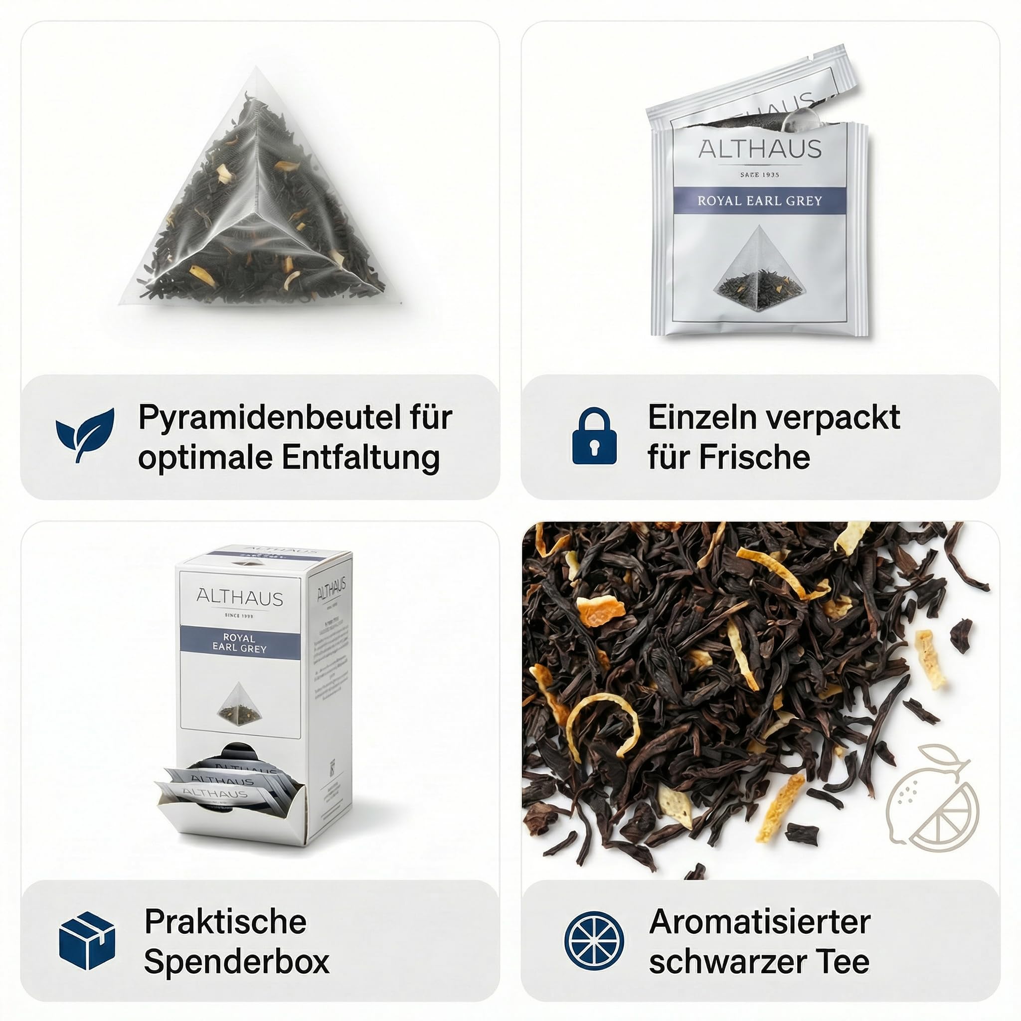 4 x Althaus Tee Set, Royal Earl Grey, Pyramidenbeutel, 60 Stück, aromatisierter Schwarzer Tee mit Bergamotte, Pyramiden-Teebeutel einzeln verpackt, premium Schwarztee