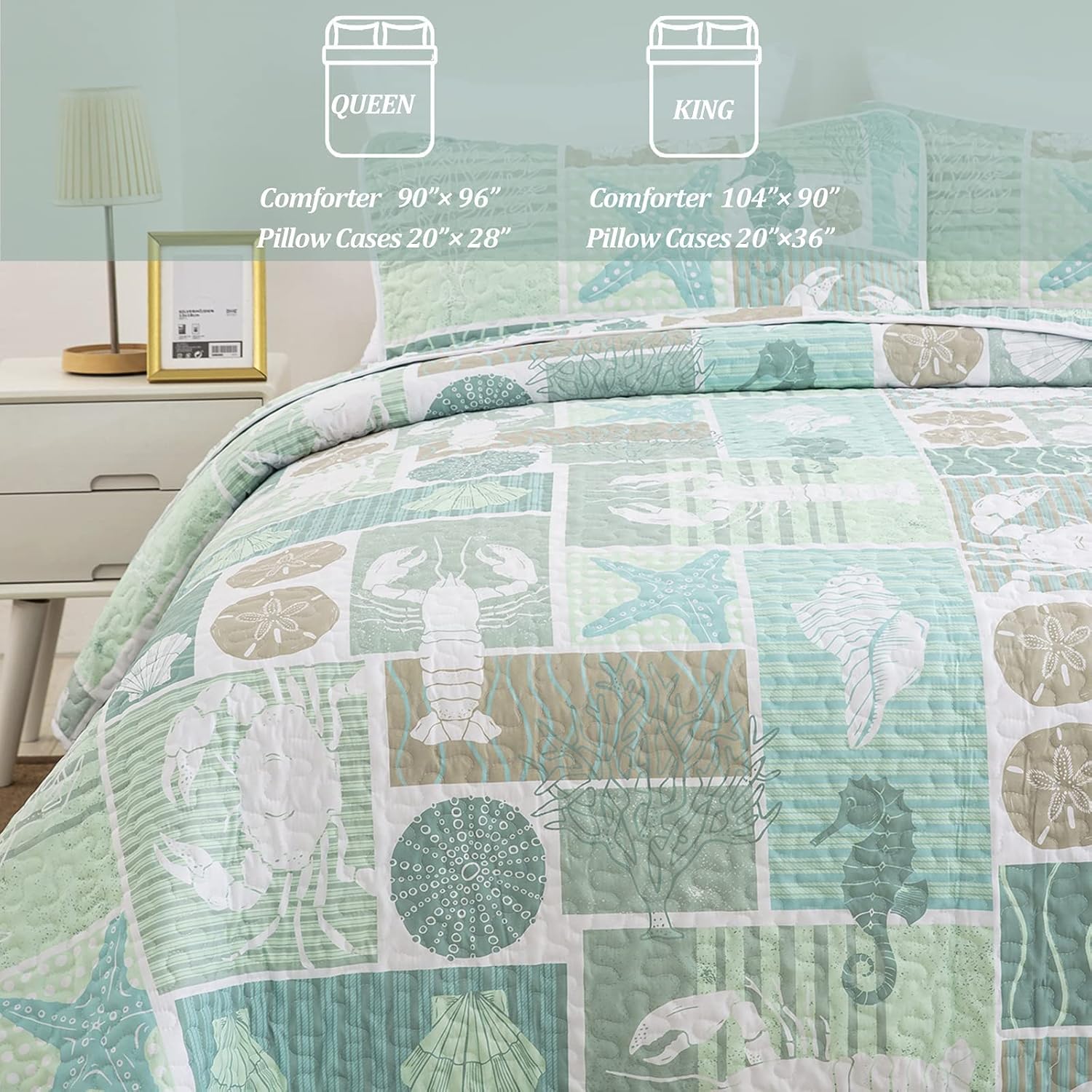 DJY 3 Pieces Quilt Set King Coastal Green Theme Quilt Coverlet Set Beach Reversible Bedspread with 2 Pillow Shams Soft Microfiber Coastal Bedding Quilt Set for All Season 104"x90" - Image 7