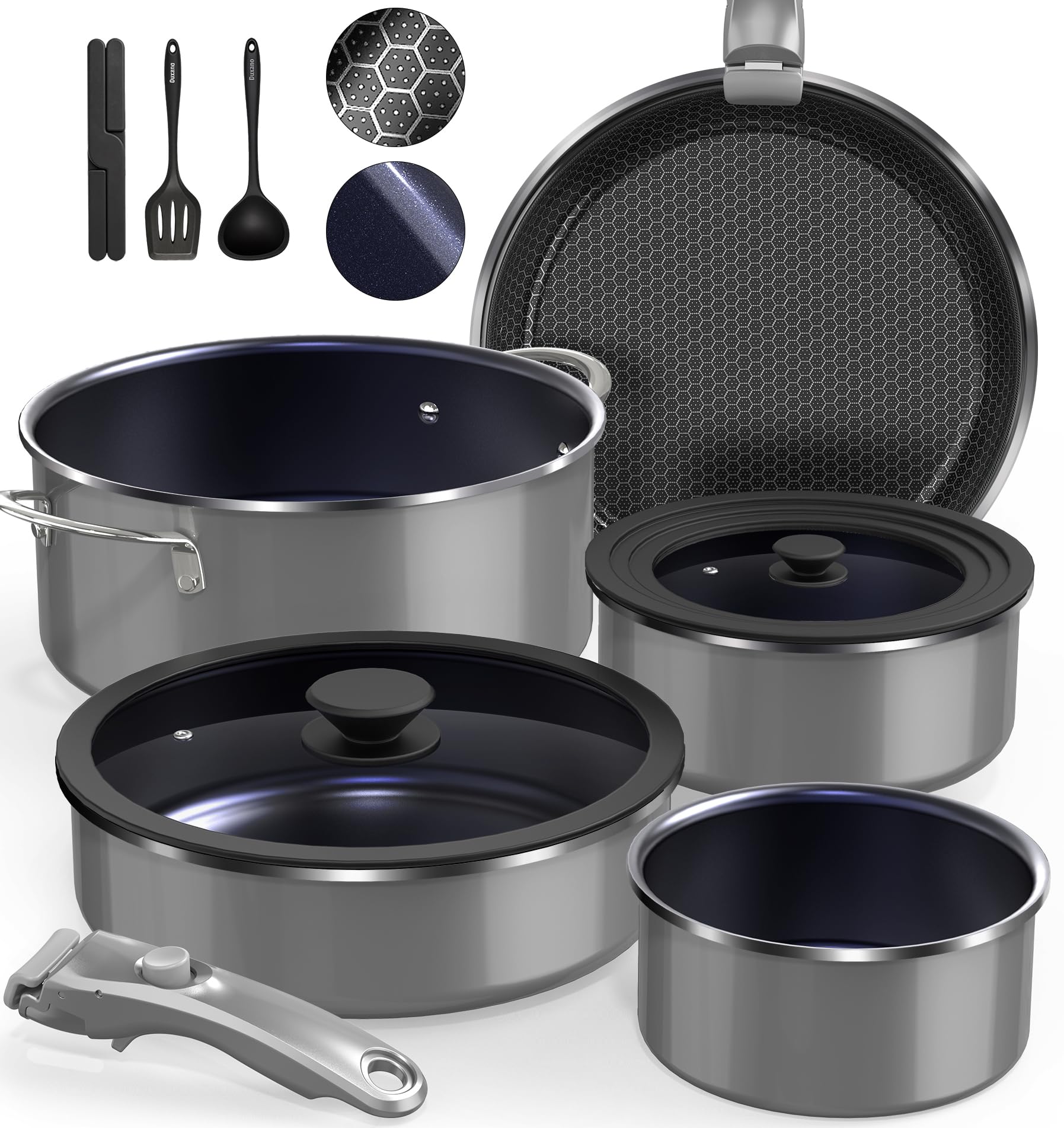 Photo 1 of DUXANO Ceramic Pots and Pans Set Non Stick, 2026 Upgraded Hybrid Frypan, 1.5&2 QT Saucepans with Lid, Oil-less Cooking, PFAS Free Non Toxic, Induction Ready,Oven&Dishwasher Safe,Removable Handle,12PC