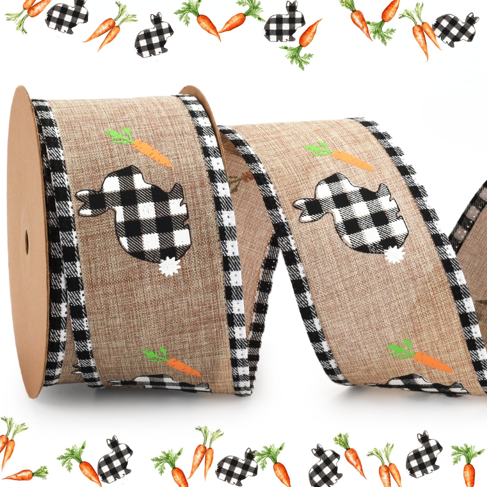 LaRibbons Easter Ribbon Wired 2.5 Inch x 12 Yards, Buffalo Bunny Carrot Wired Edge Ribbon for Easter Baskets Spring Crafts Wrapping Wreath Bow DIY