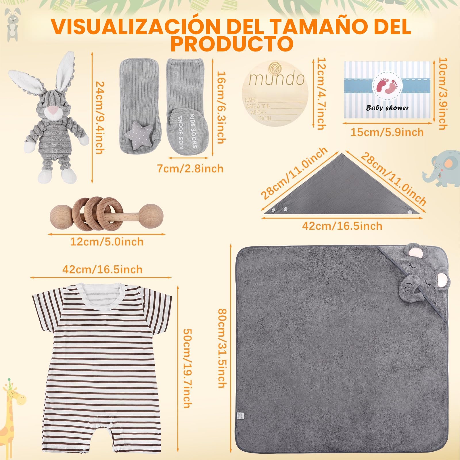 Newborn Gift Basket, Baby Gifts for Birth, Set de Regalo de Pastel de Pañales - Neutral - Set de 9 Piezas para Recién Nacido con Conejito de Peluche Gris y Sonajero de Madera - Regalo de Nacimiento