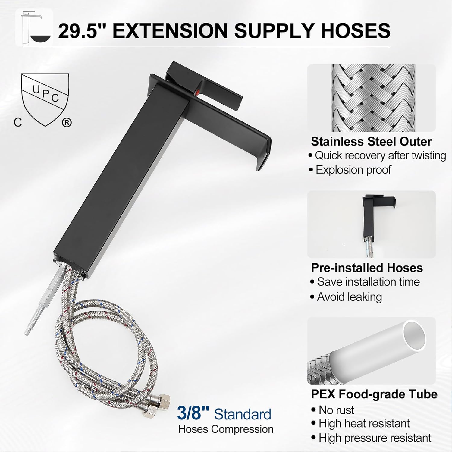 Brass Vessel Sink Faucet Black Waterfall Bathroom Faucet 1 Hole, Tall Bathroom Sink Faucet Single Handle, Modern Bathroom Faucets for Vessel Sinks with Pop Up Drain and Supply Hoses