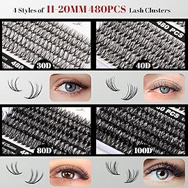 Lash Clusters 480 Clusters 60D 80D Thick Eyelash Extension 30D 40D Individual Eyelashes D Curl 11-20mm False Eyelash Multi-Style DIY Lash Extensions for Beginners(30D-80D-D, 11-20MIX)