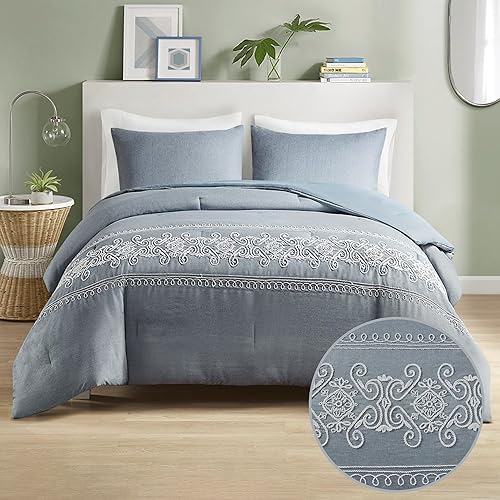 Miniatura 1 de Intelligent Design Juego de edredón femenino, funda de tinte catiónico sólido con hermoso diseño de pergamino bordado, ropa de cama alternativa para