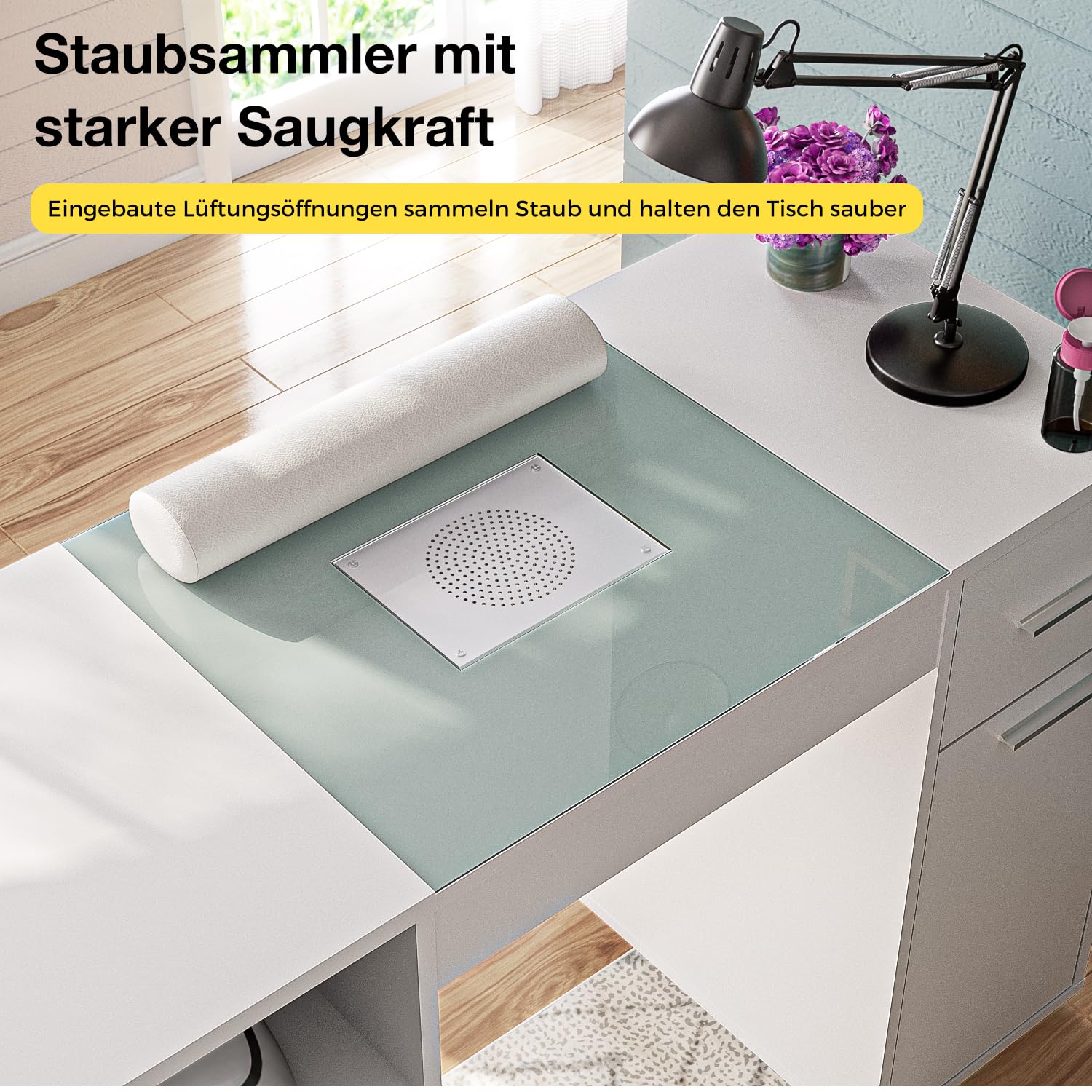 Nageltisch mit Staubabsaugung & Glasplatte | Profi Manikürtisch auf Rollen für Nageldesign | Stabiler Nagelstudio Tisch mit 3 Schränken, Schubladen, Handauflage & 4 Staubsaugerbeuteln (Weiß)