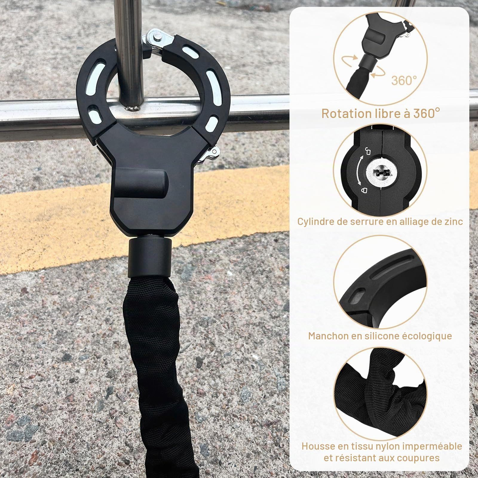 Antivol Trotinette Electrique 8 mm, Cadenas Trotinette Électrique, Cadenas Velo avec 3 Clés et 3L Sac Etanche, Chaînes Antivol Menotte avec Housse de Protection en Silicone