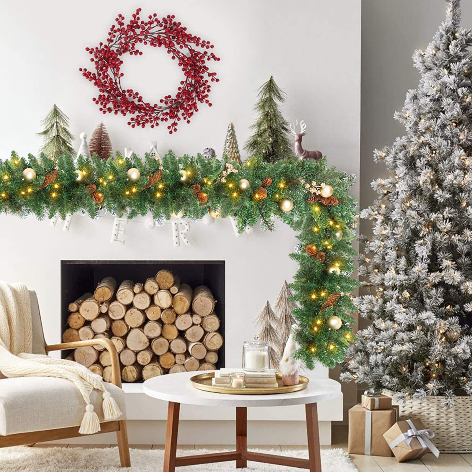 Queta Ghirlanda di Natale Artificiale Luminosa 180 cm, Ghirlanda Natalizia Rattan di Natale Artificiale con Pipino per Camera da Letto, Porta, Finestra, Scala Caminetto