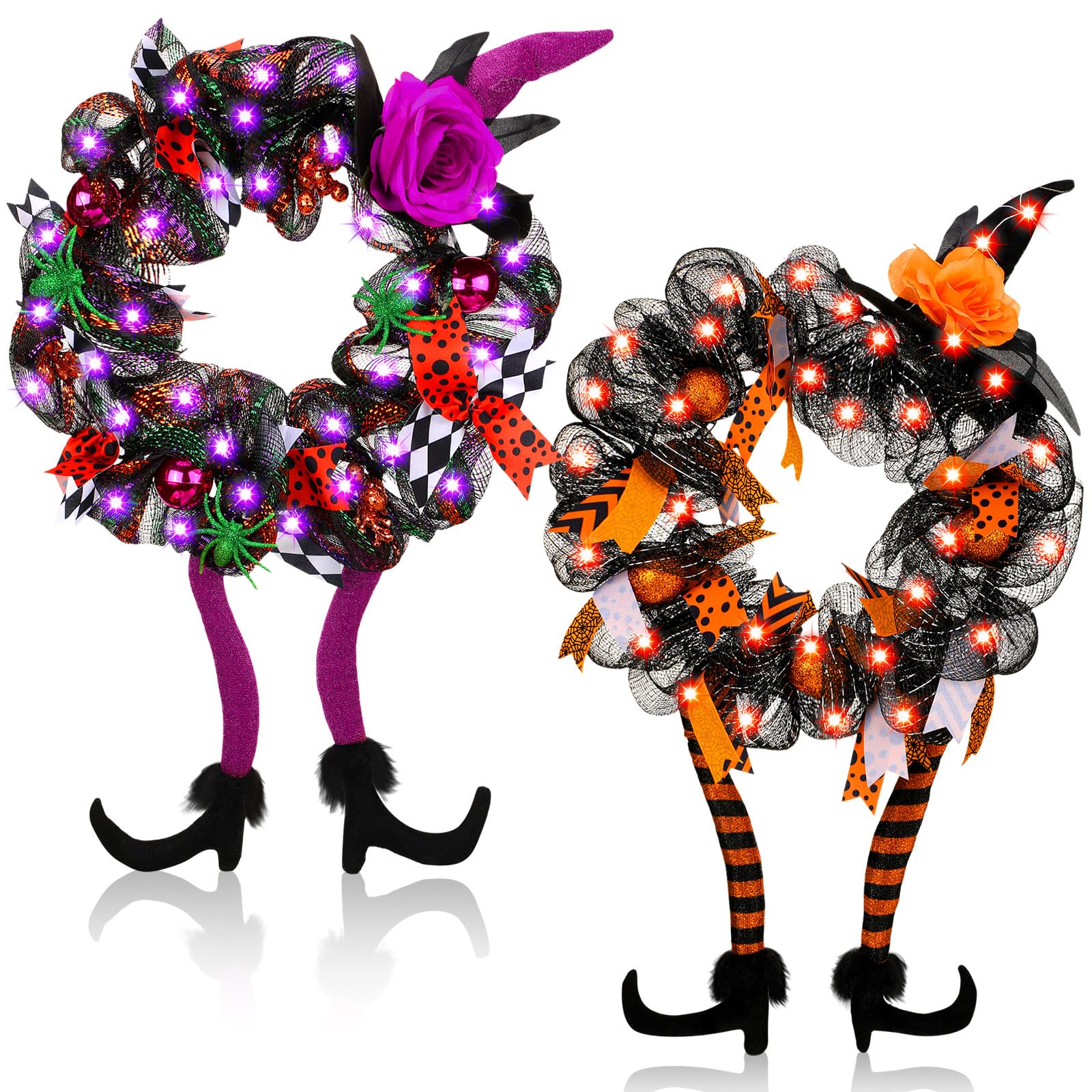 Lyrow 2 Pcs 30 x 18 Inch Halloween Wreath for Front Door Witch Leg Wreath with 30 LED Lights Halloween Door Wreath Decorations Holiday Door Wreath Hanging Ornament for Home Indoor Outdoor
