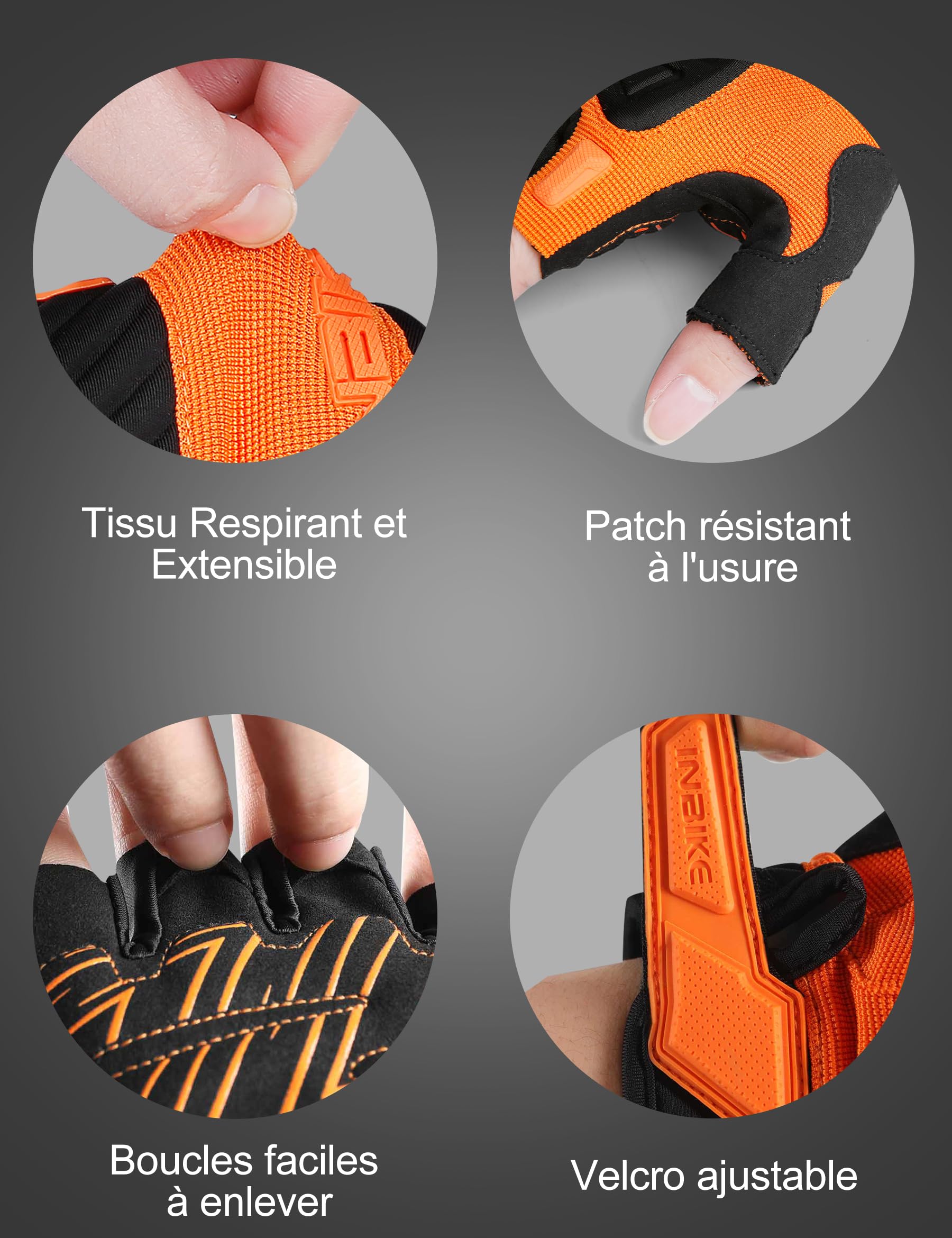 INBIKE Gants de Cyclisme Demi-Doigts MTB VTT Rembourré Mitaines été Antichocs Antidérapants Respirant