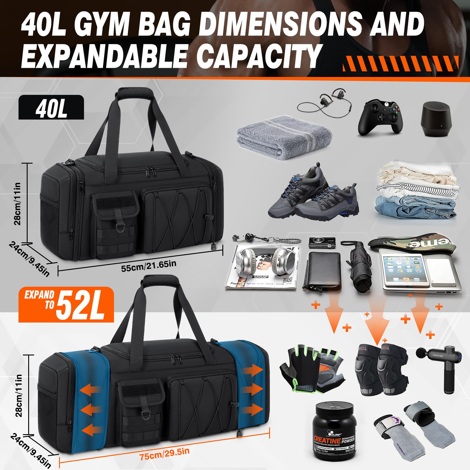 RAINSMORE Borsone Palestra Uomo Donna 40L Impermeabile Borsa Palestra con Scomparto Scarpe e Tasca Umida Espandibile Borsone da Viaggio Per Sport Piscina Fitness Weekend Nero