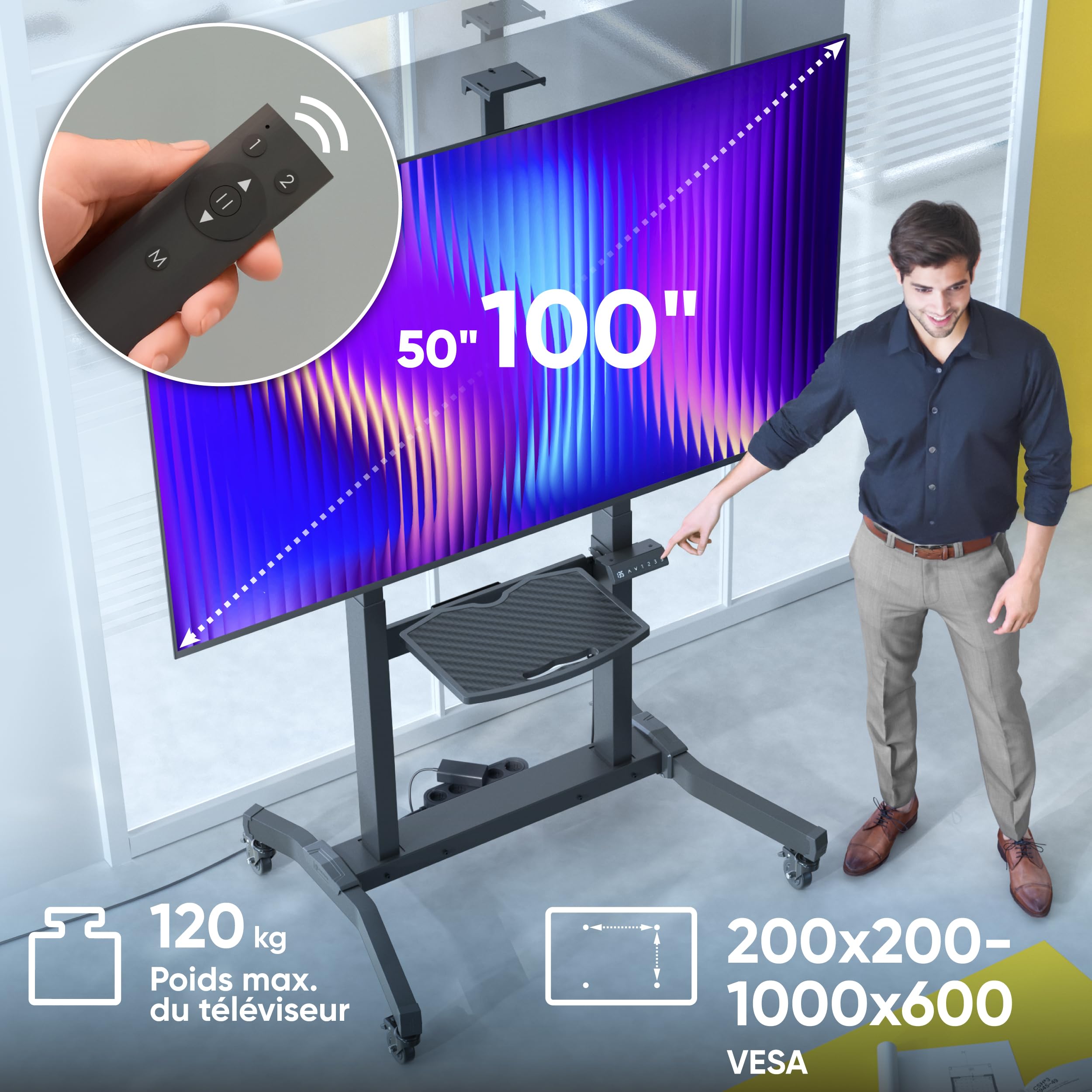 ONKRON Support TV Motorisé 50"-100", 120 kg, Max VESA 1000x600, TS1991E-B