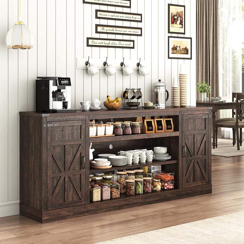 Hlivelood 75" Farmhouse TV Stand with Power Outlets for 85 Inch TVs, 33" Tall Entertainment Center with Storage Cabinets w/Adjustable Shelves, Rustic Large TV Media Console, Brown image 5